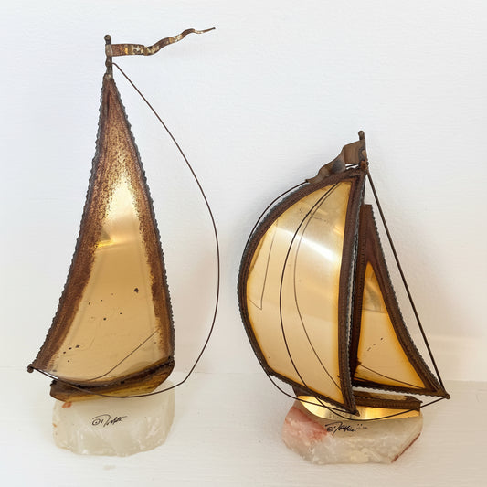 Vintage Brass Sailboat Sculpture Set on Quartz Stone Bases | Coastal Nautical Decor