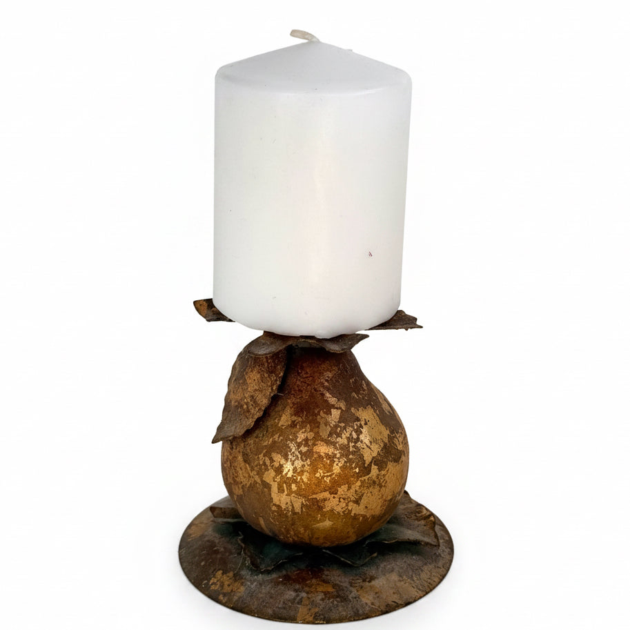 Vintage Brass Pear Candle Holder with Rustic Patina | Gold-Tone Metal Leaf Design