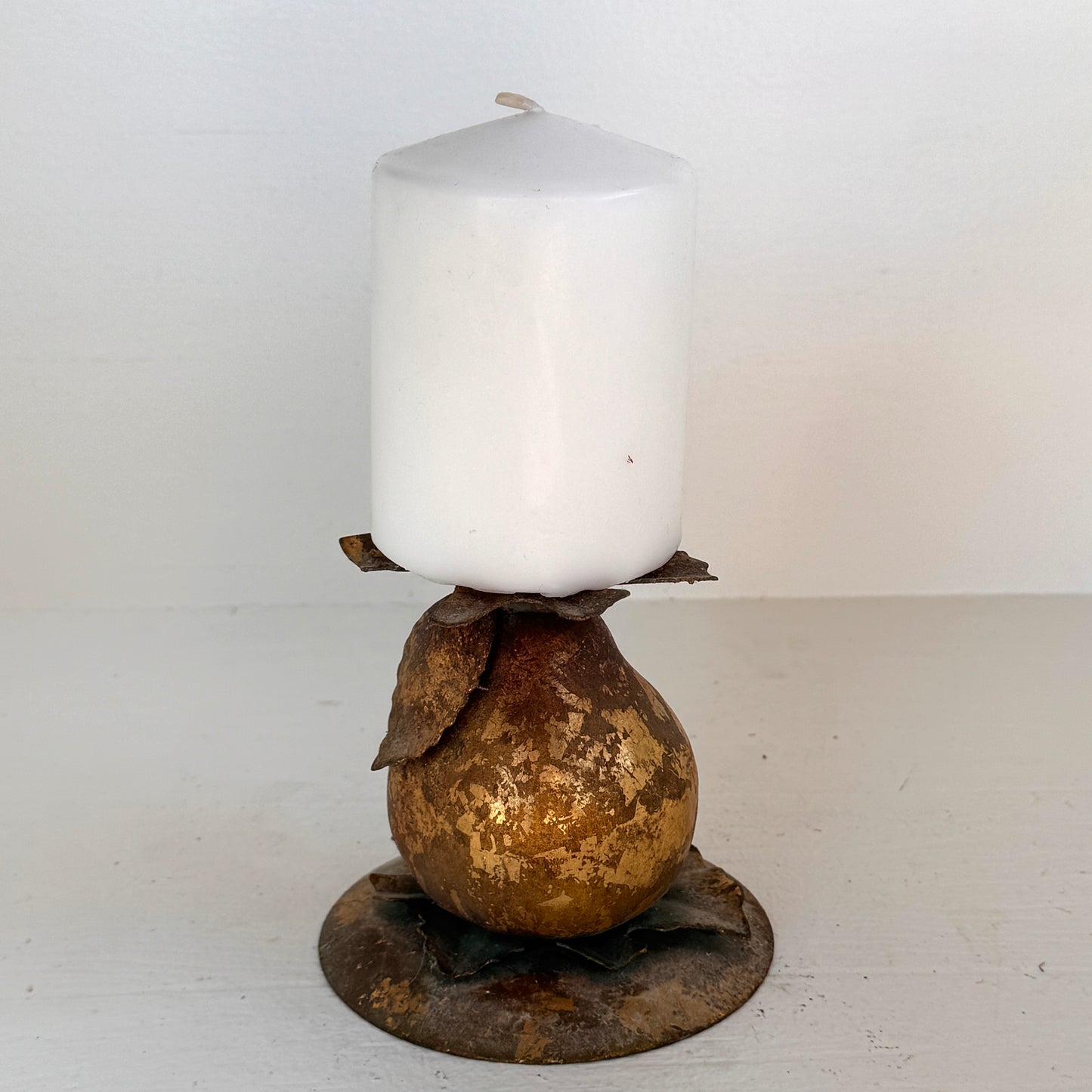 Vintage Brass Pear Candle Holder with Rustic Patina | Gold-Tone Metal Leaf Design