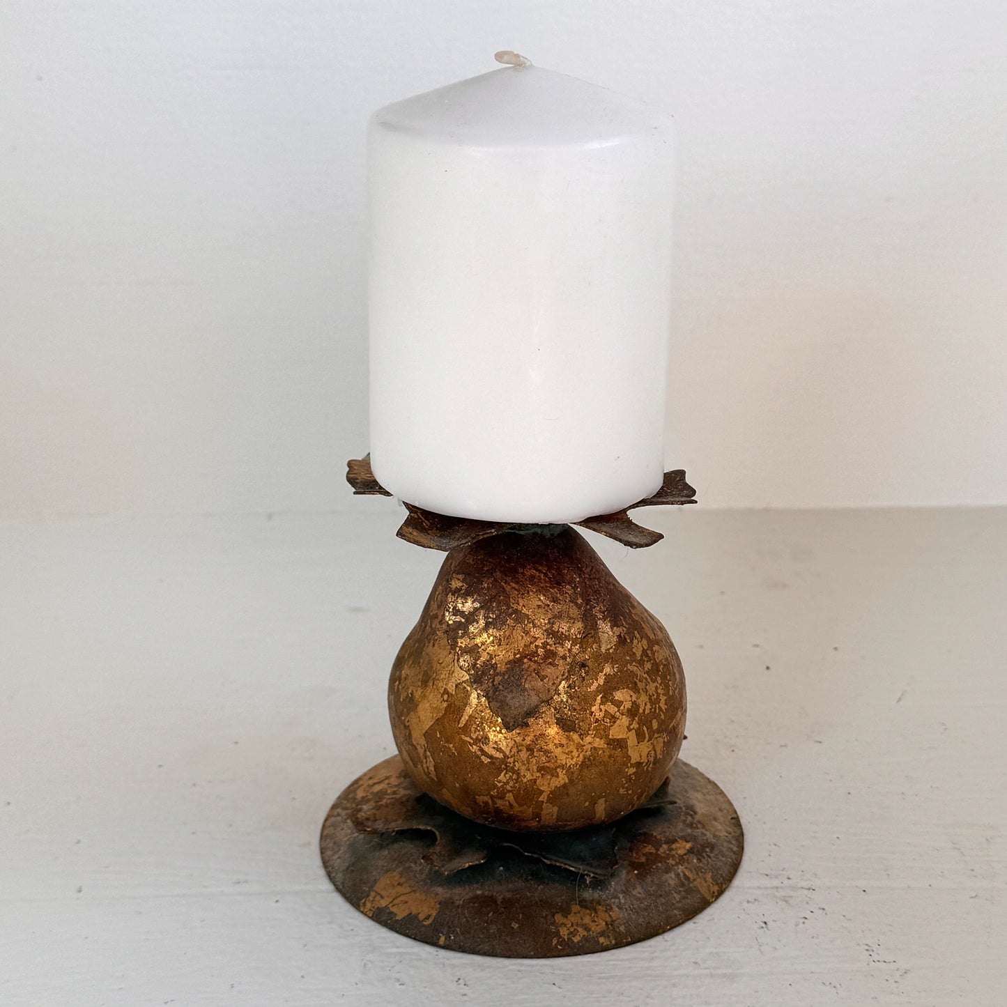 Vintage Brass Pear Candle Holder with Rustic Patina | Gold-Tone Metal Leaf Design