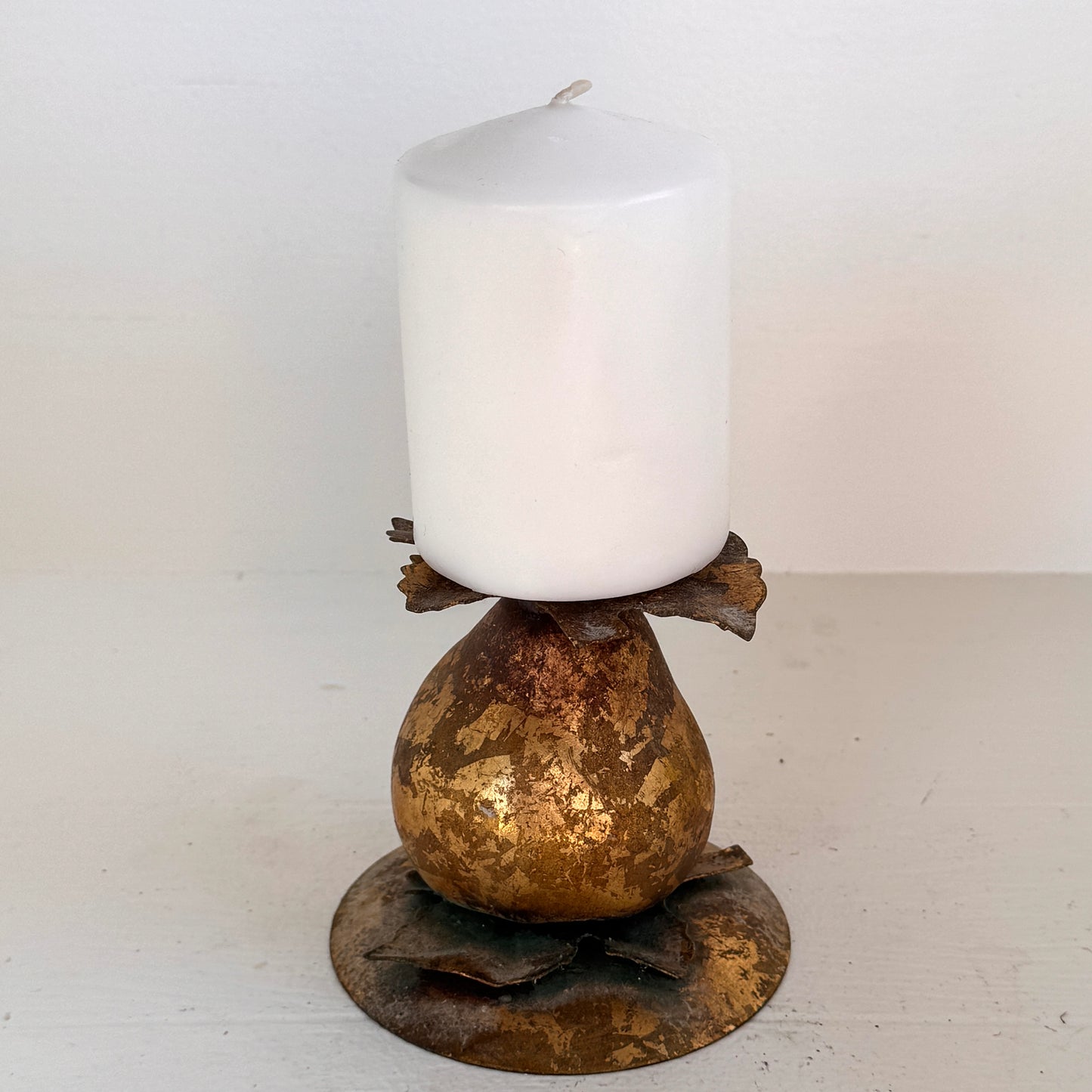 Vintage Brass Pear Candle Holder with Rustic Patina | Gold-Tone Metal Leaf Design