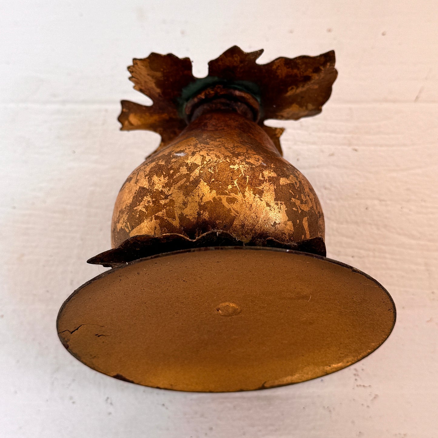 Vintage Brass Pear Candle Holder with Rustic Patina | Gold-Tone Metal Leaf Design