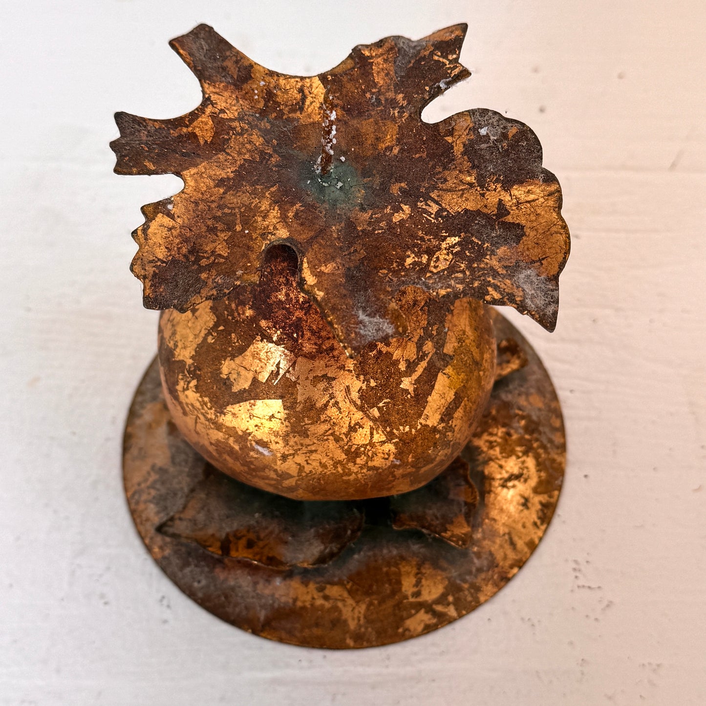 Vintage Brass Pear Candle Holder with Rustic Patina | Gold-Tone Metal Leaf Design
