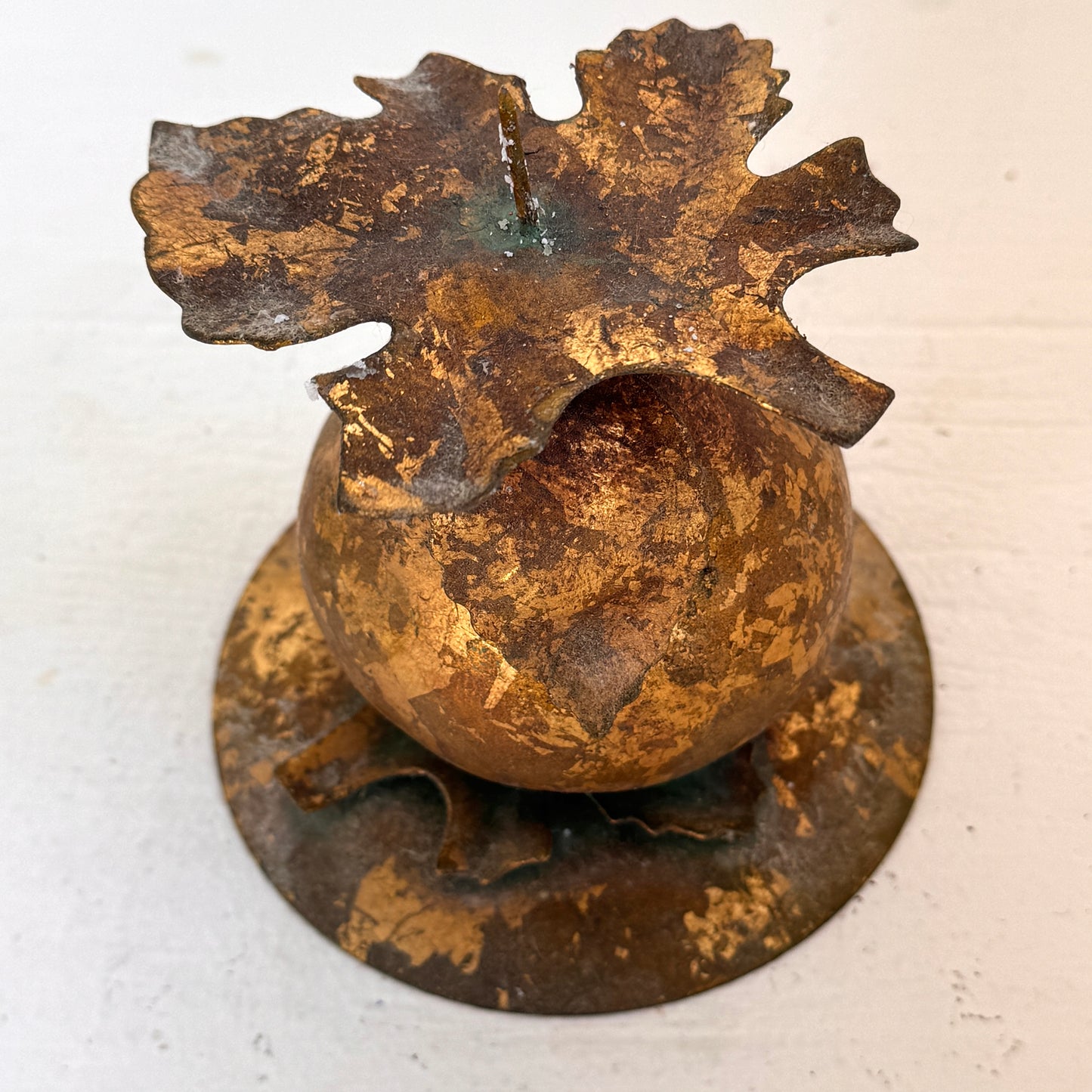 Vintage Brass Pear Candle Holder with Rustic Patina | Gold-Tone Metal Leaf Design