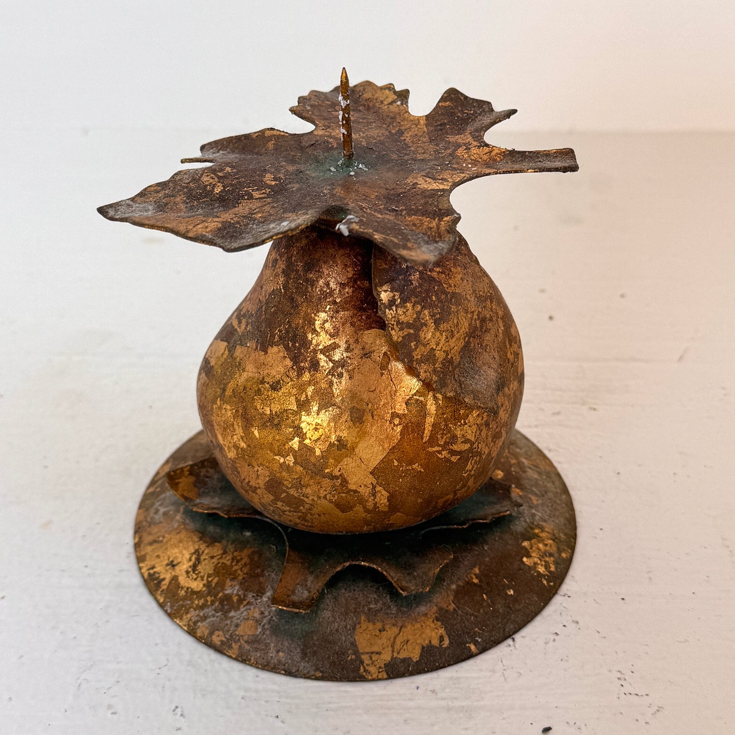 Vintage Brass Pear Candle Holder with Rustic Patina | Gold-Tone Metal Leaf Design