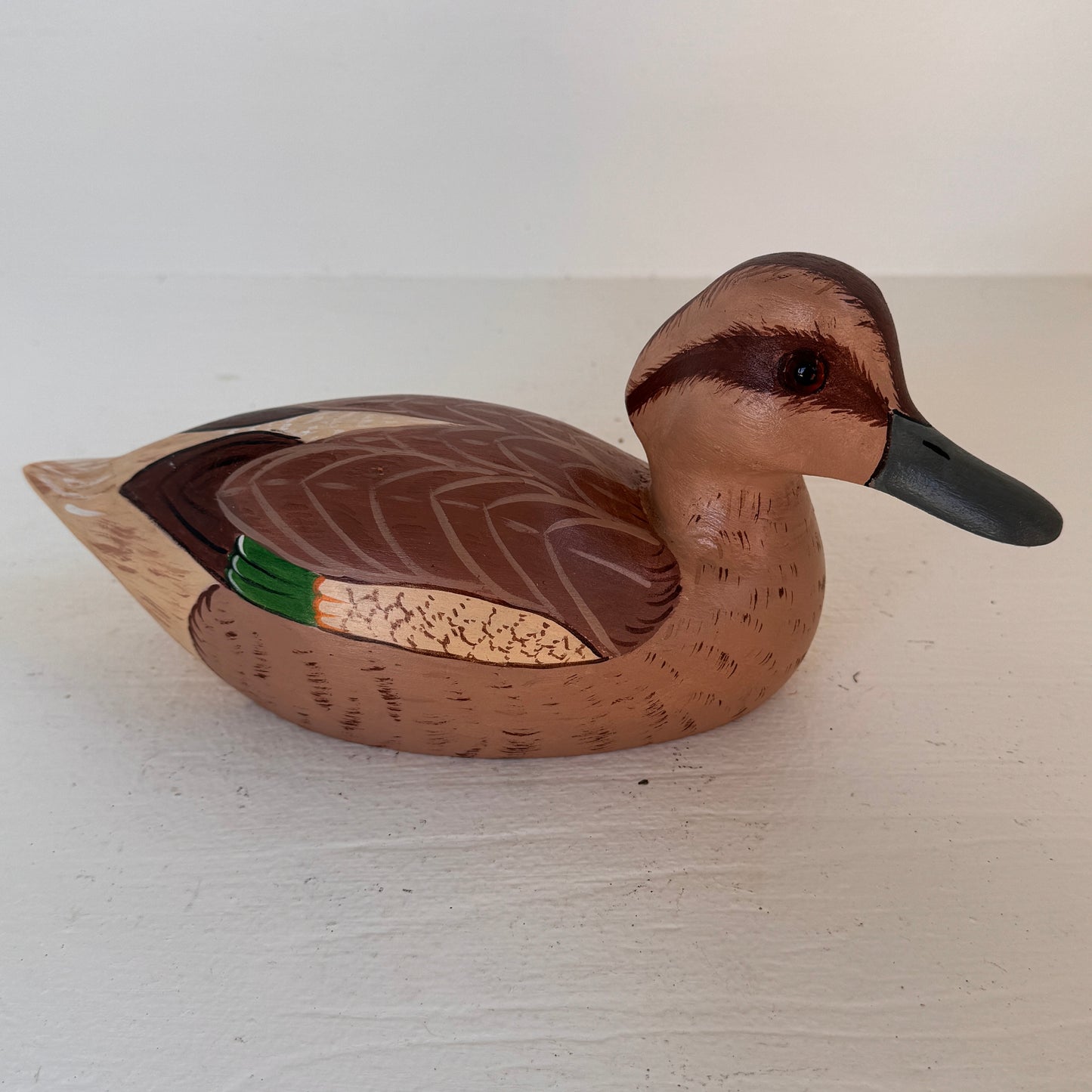 Vintage Hand Carved Green-Winged Teal Hen Duck Decoy | Signed Wooden Folk Art Waterfowl Sculpture | Dated ’81