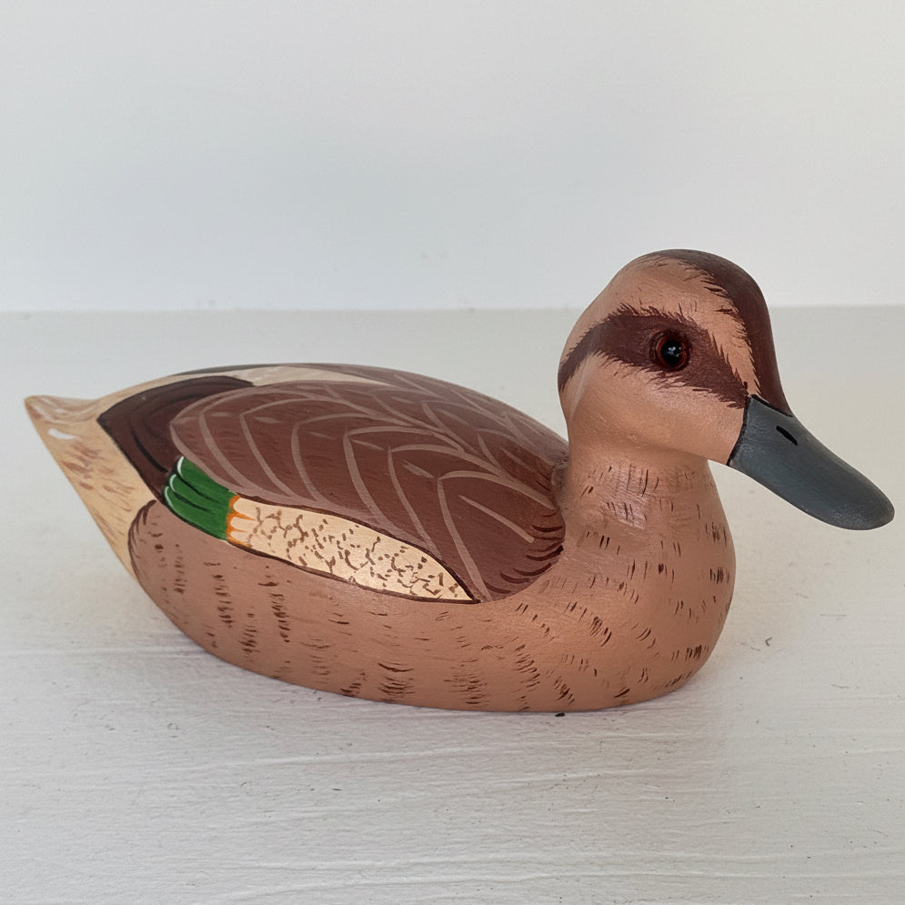 Vintage Hand Carved Green-Winged Teal Hen Duck Decoy | Signed Wooden Folk Art Waterfowl Sculpture | Dated ’81