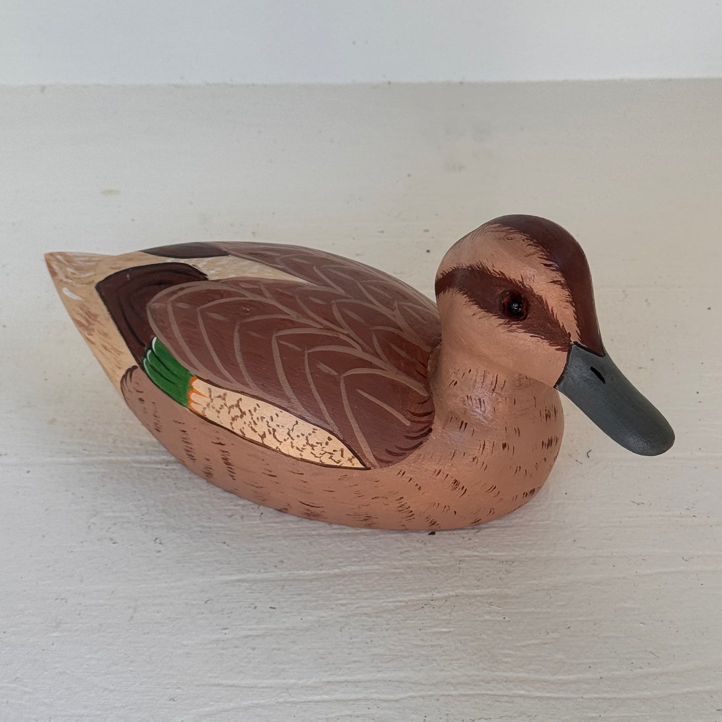 Vintage Hand Carved Green-Winged Teal Hen Duck Decoy | Signed Wooden Folk Art Waterfowl Sculpture | Dated ’81