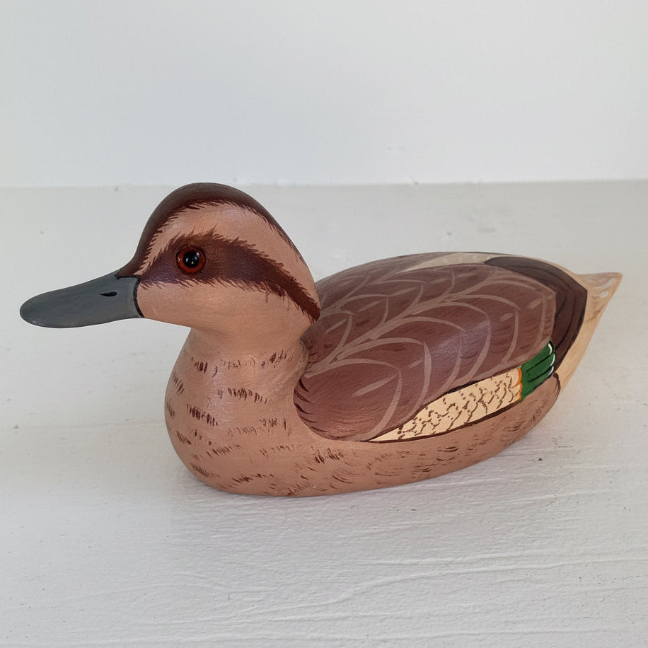 Vintage Hand Carved Green-Winged Teal Hen Duck Decoy | Signed Wooden Folk Art Waterfowl Sculpture | Dated ’81