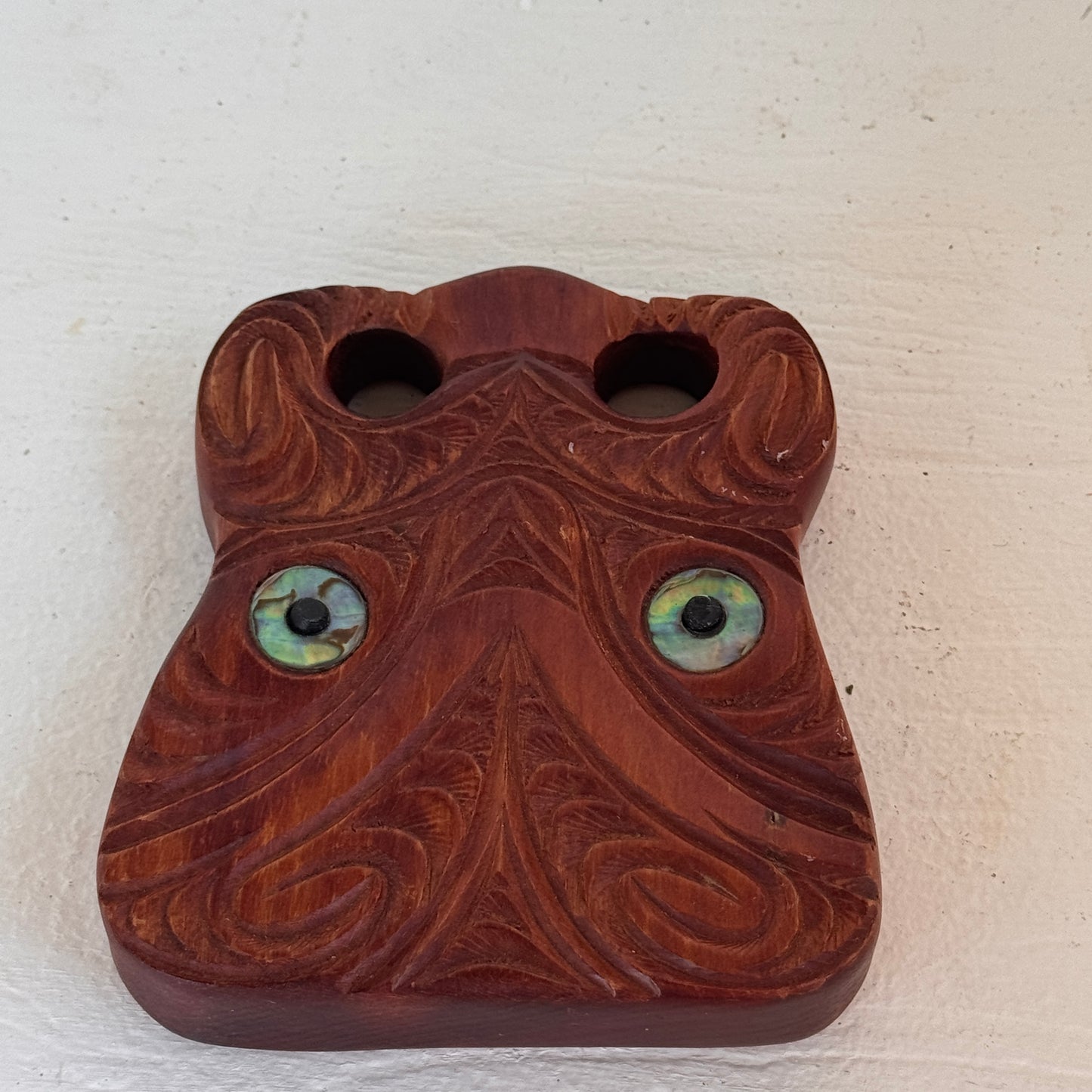 Vintage Māori Koruru Totara Wood Carving with Paua Shell Eyes | Moana Wood Carvings New Zealand Wall Art
