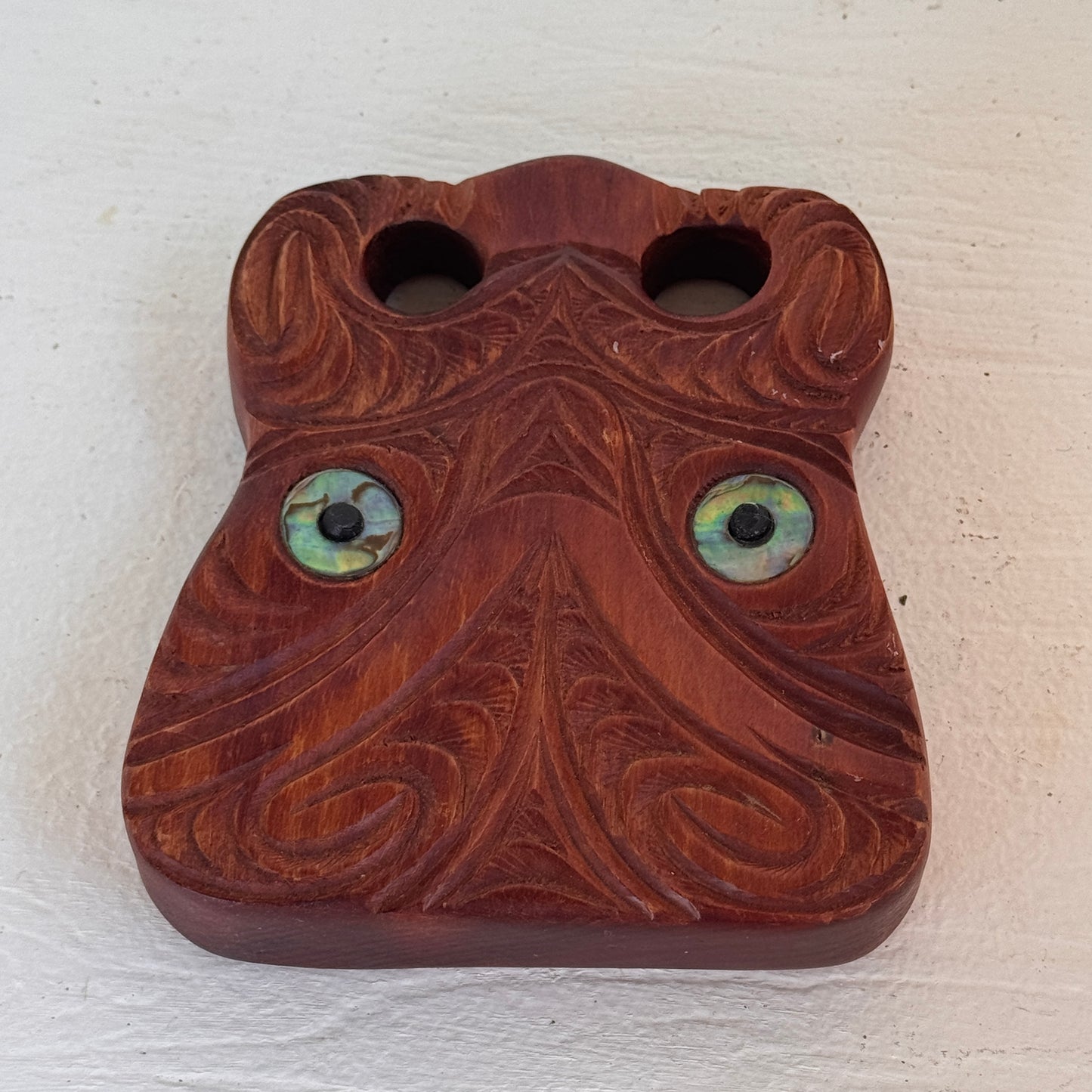 Vintage Māori Koruru Totara Wood Carving with Paua Shell Eyes | Moana Wood Carvings New Zealand Wall Art