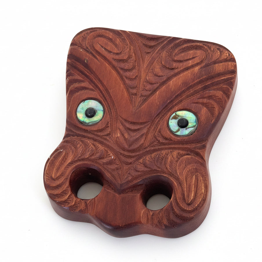 Vintage Māori Koruru Totara Wood Carving with Paua Shell Eyes | Moana Wood Carvings New Zealand Wall Art