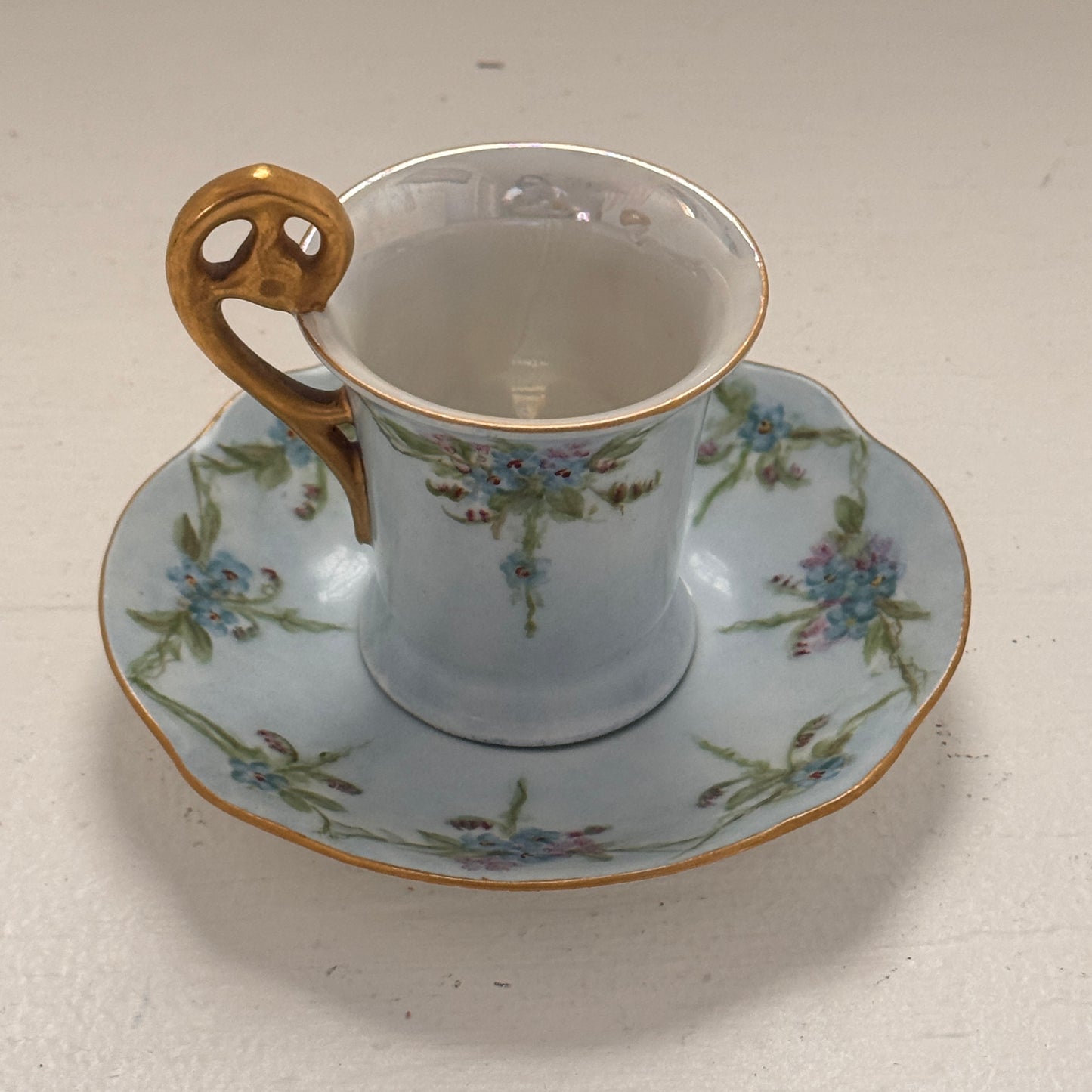 Vintage Blue Floral Demitasse Cup & Saucer Set Gold Handle Japan Porcelain