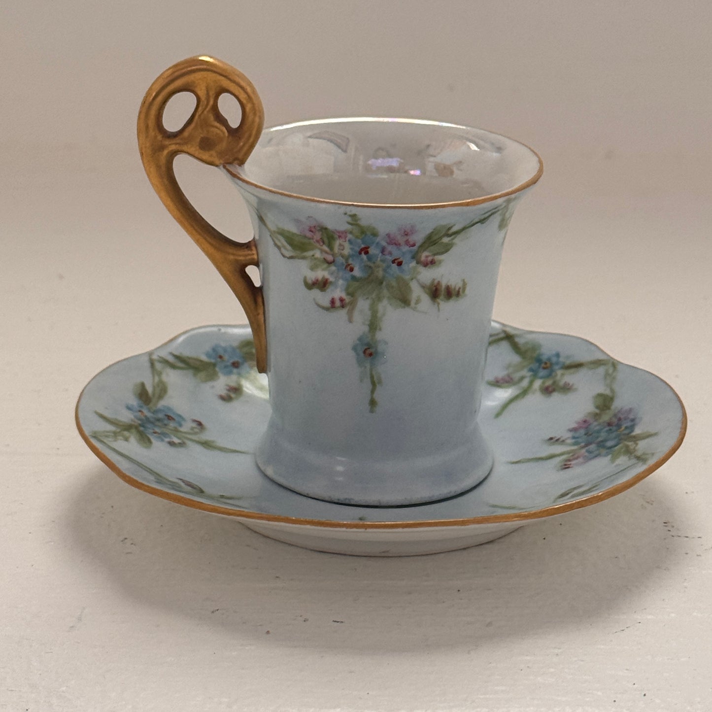 Vintage Blue Floral Demitasse Cup & Saucer Set Gold Handle Japan Porcelain