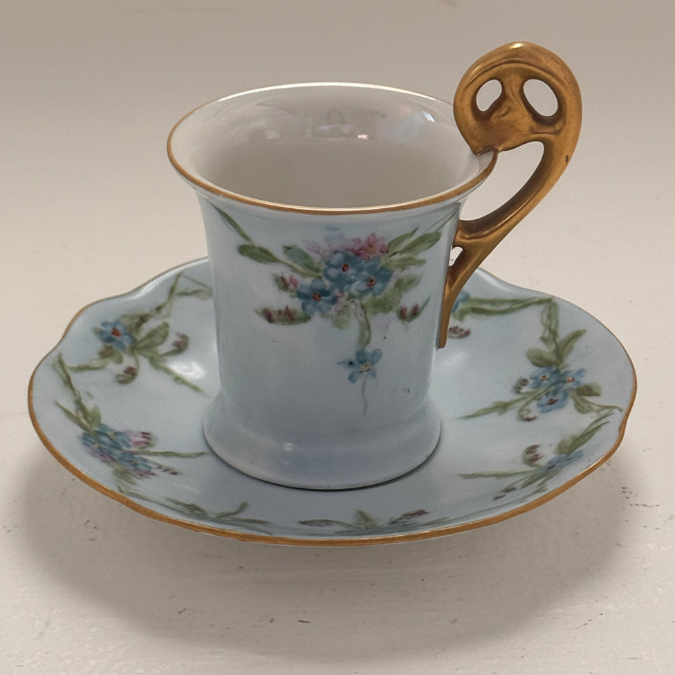 Vintage Blue Floral Demitasse Cup & Saucer Set Gold Handle Japan Porcelain