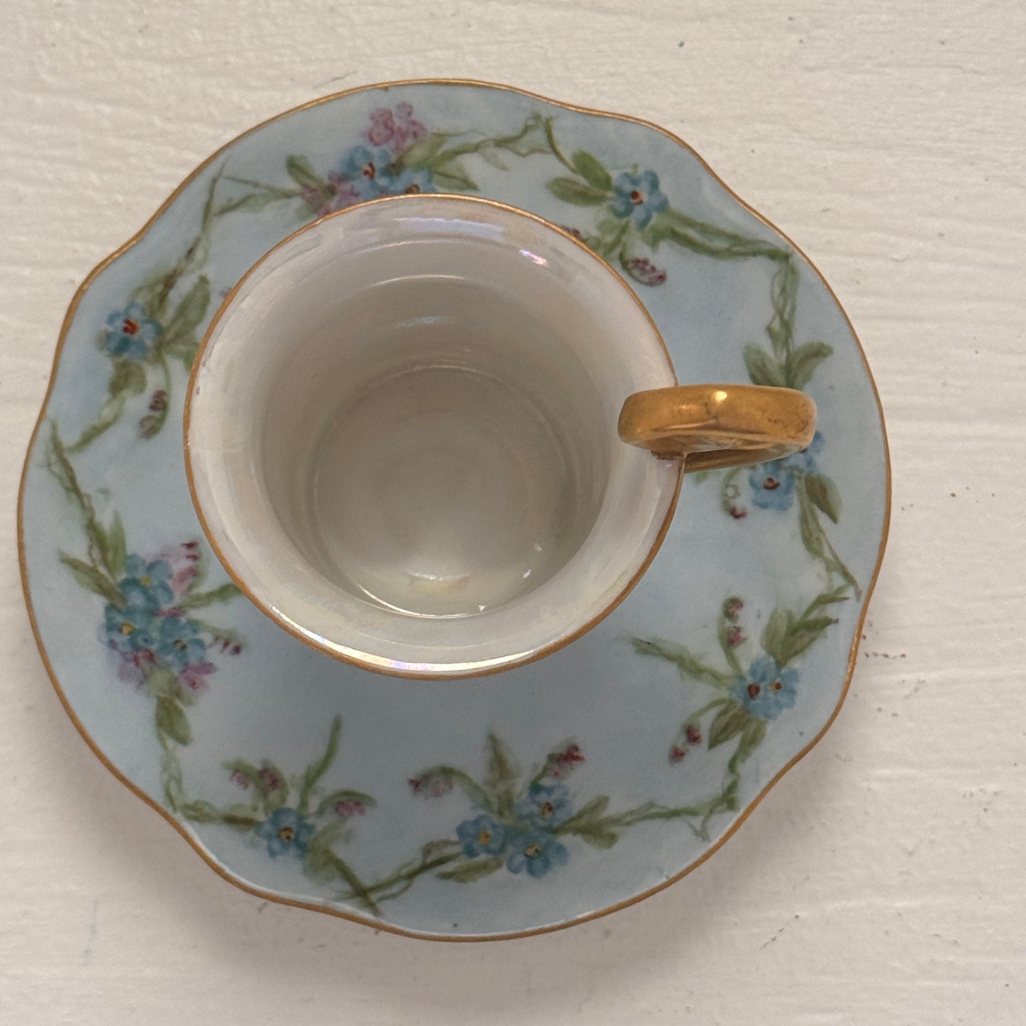 Vintage Blue Floral Demitasse Cup & Saucer Set Gold Handle Japan Porcelain