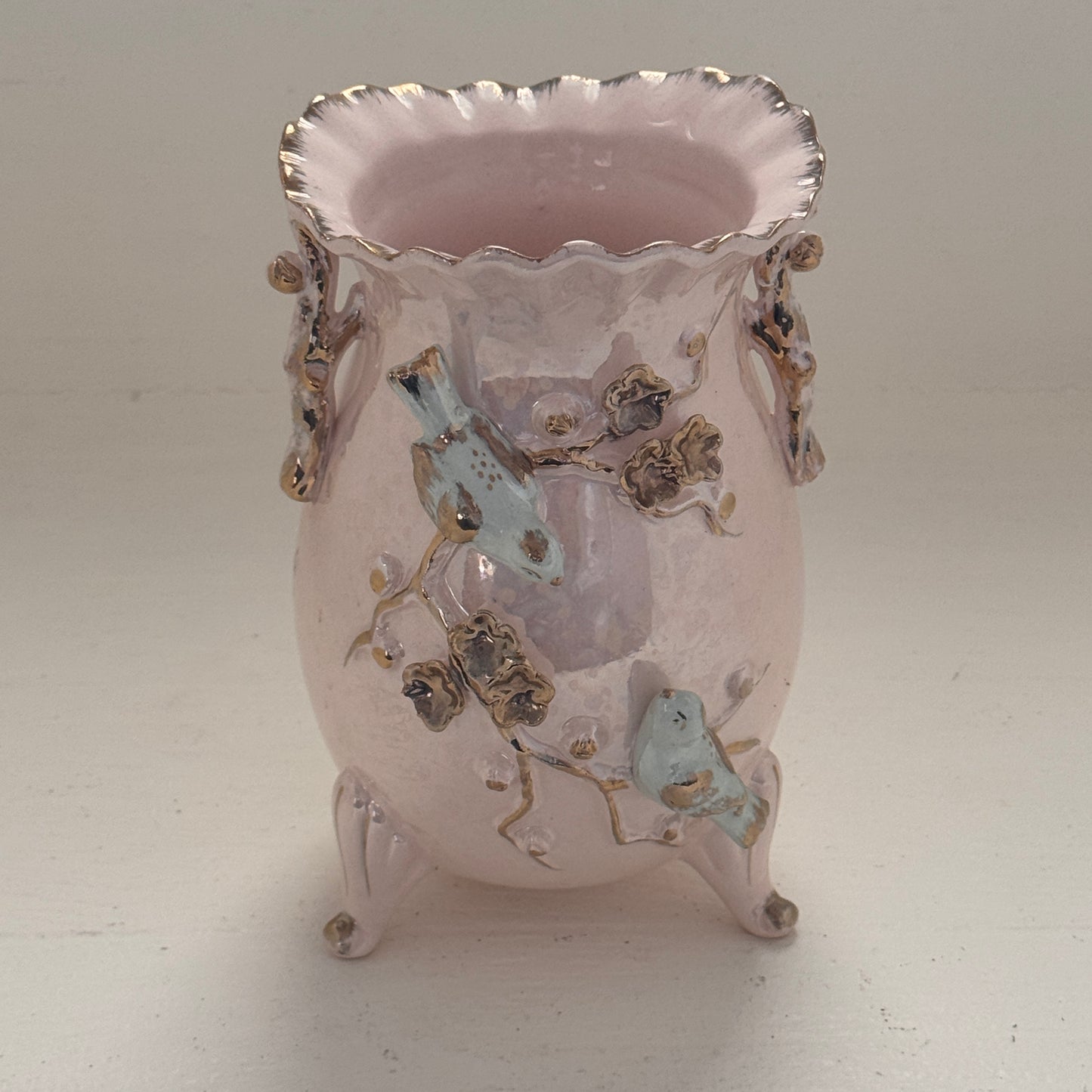 Vintage Hand Painted Japanese Porcelain Vase with Bluebirds & Raised Blossoms | Pink Lusterware Floral Vase