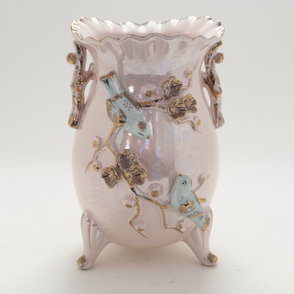 Vintage Hand Painted Japanese Porcelain Vase with Bluebirds & Raised Blossoms | Pink Lusterware Floral Vase