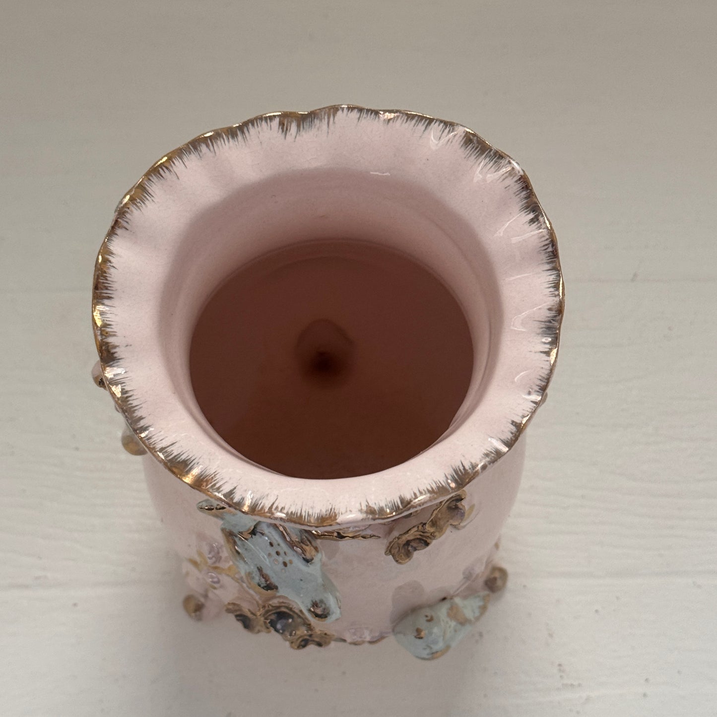 Vintage Hand Painted Japanese Porcelain Vase with Bluebirds & Raised Blossoms | Pink Lusterware Floral Vase