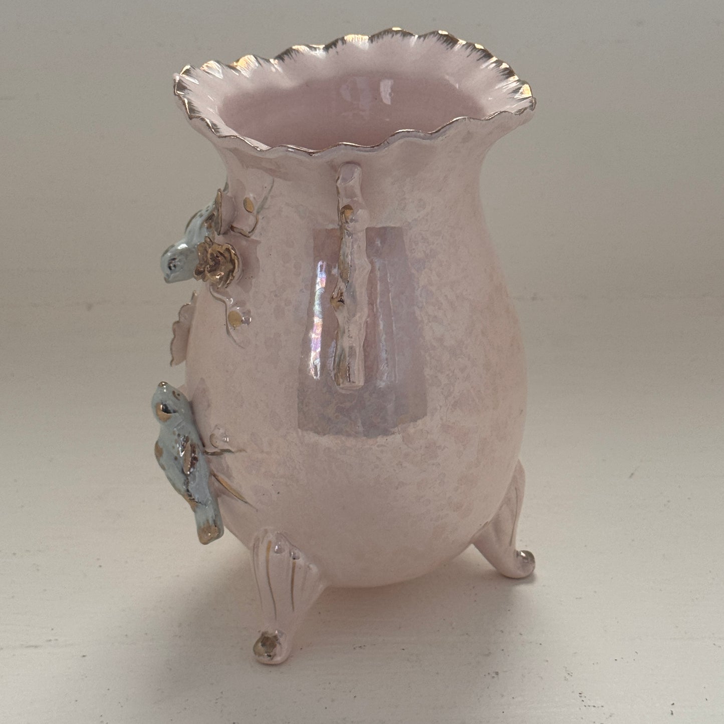 Vintage Hand Painted Japanese Porcelain Vase with Bluebirds & Raised Blossoms | Pink Lusterware Floral Vase