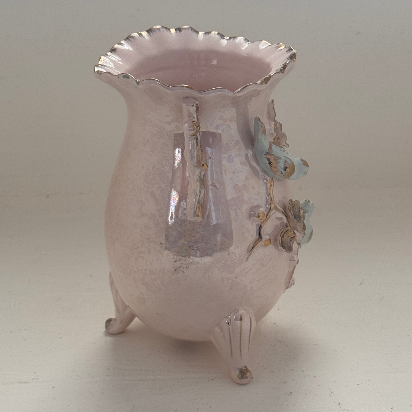 Vintage Hand Painted Japanese Porcelain Vase with Bluebirds & Raised Blossoms | Pink Lusterware Floral Vase