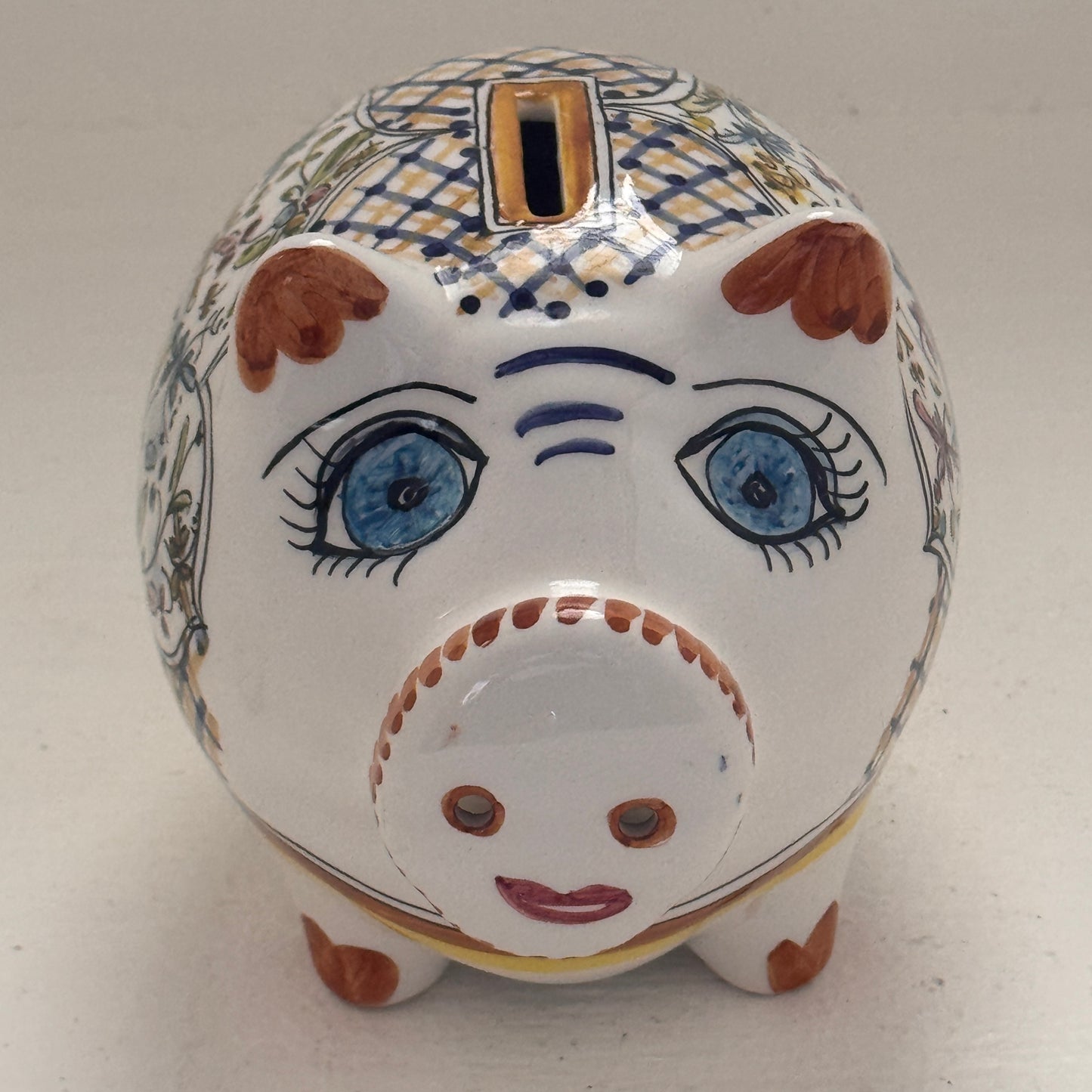 Vintage Portuguese Hand Painted Ceramic Piggy Bank with Birds | Folk Art Bank