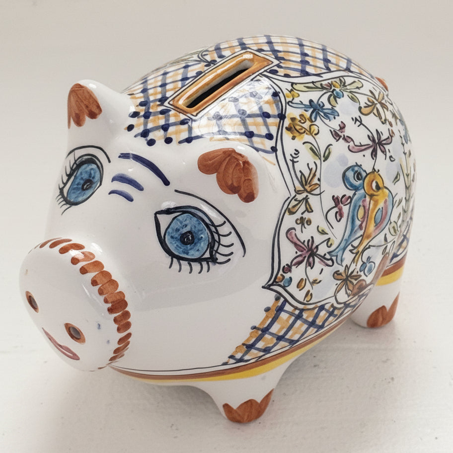 Vintage Portuguese Hand Painted Ceramic Piggy Bank with Birds | Folk Art Bank