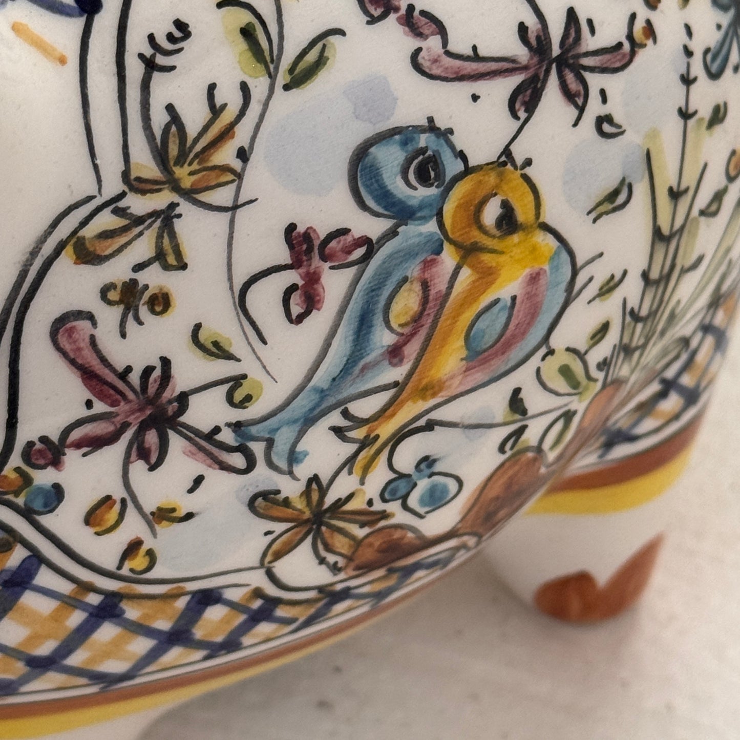 Vintage Portuguese Hand Painted Ceramic Piggy Bank with Birds | Folk Art Bank