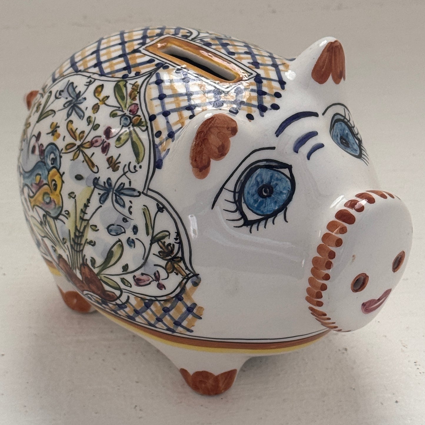 Vintage Portuguese Hand Painted Ceramic Piggy Bank with Birds | Folk Art Bank