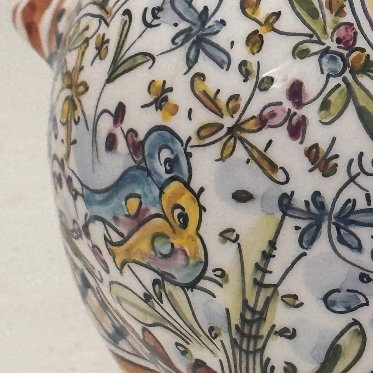 Vintage Portuguese Hand Painted Ceramic Piggy Bank with Birds | Folk Art Bank
