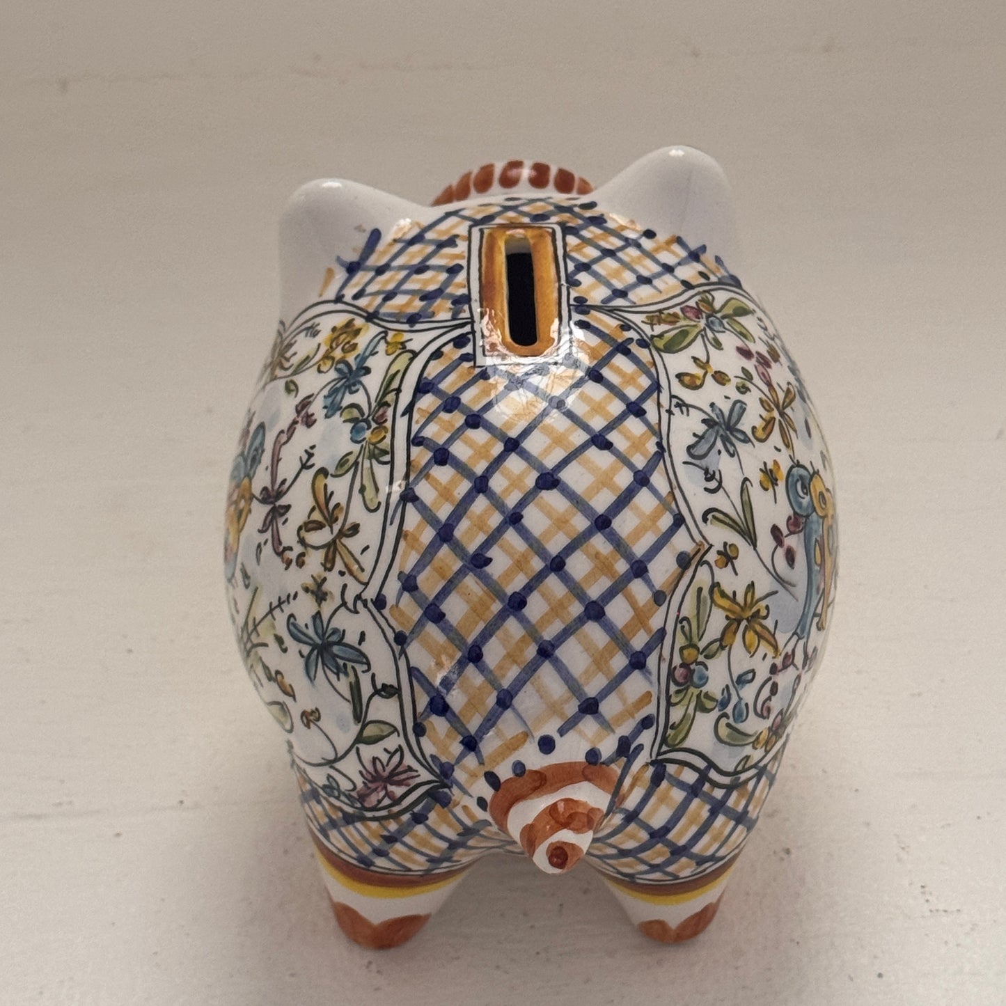 Vintage Portuguese Hand Painted Ceramic Piggy Bank with Birds | Folk Art Bank