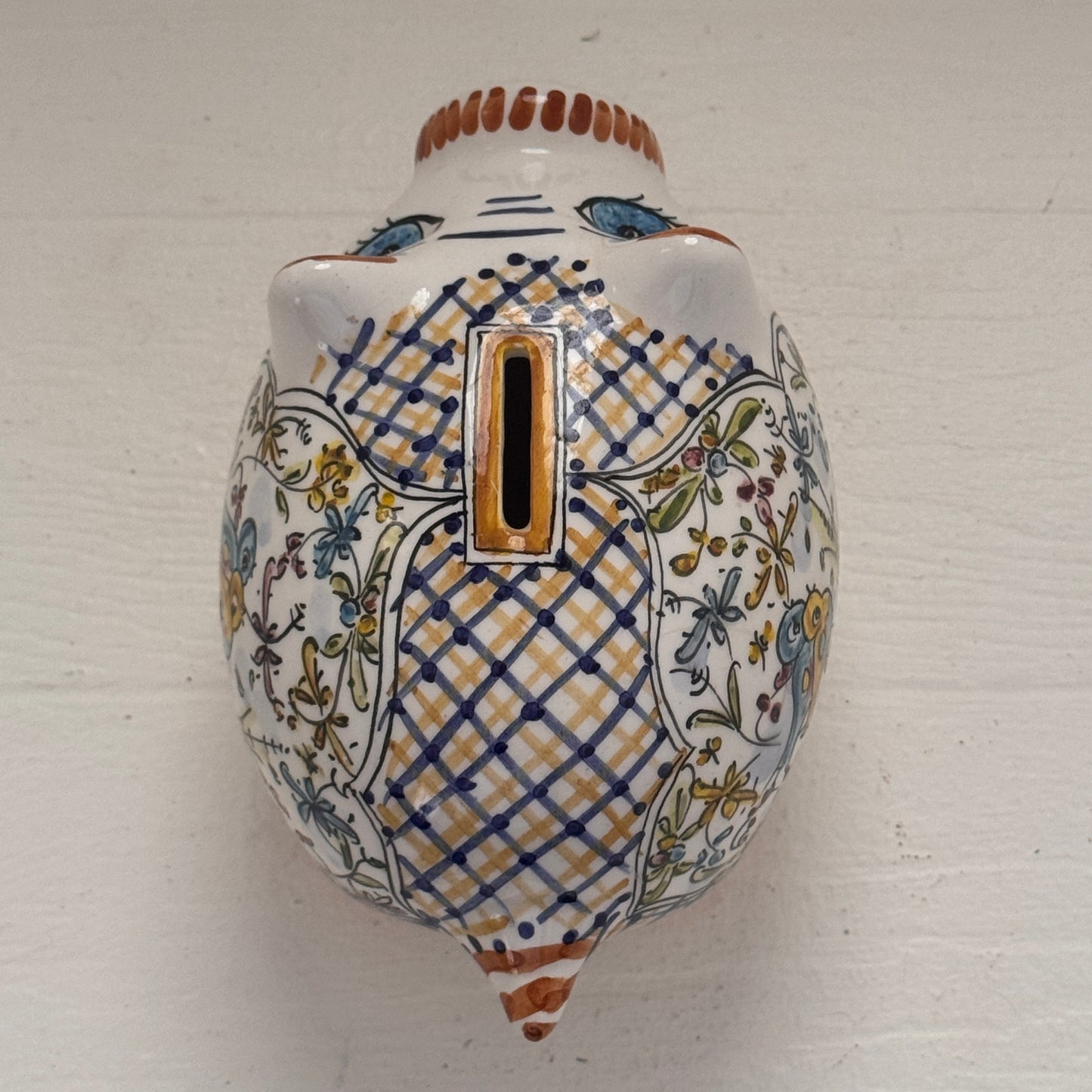 Vintage Portuguese Hand Painted Ceramic Piggy Bank with Birds | Folk Art Bank
