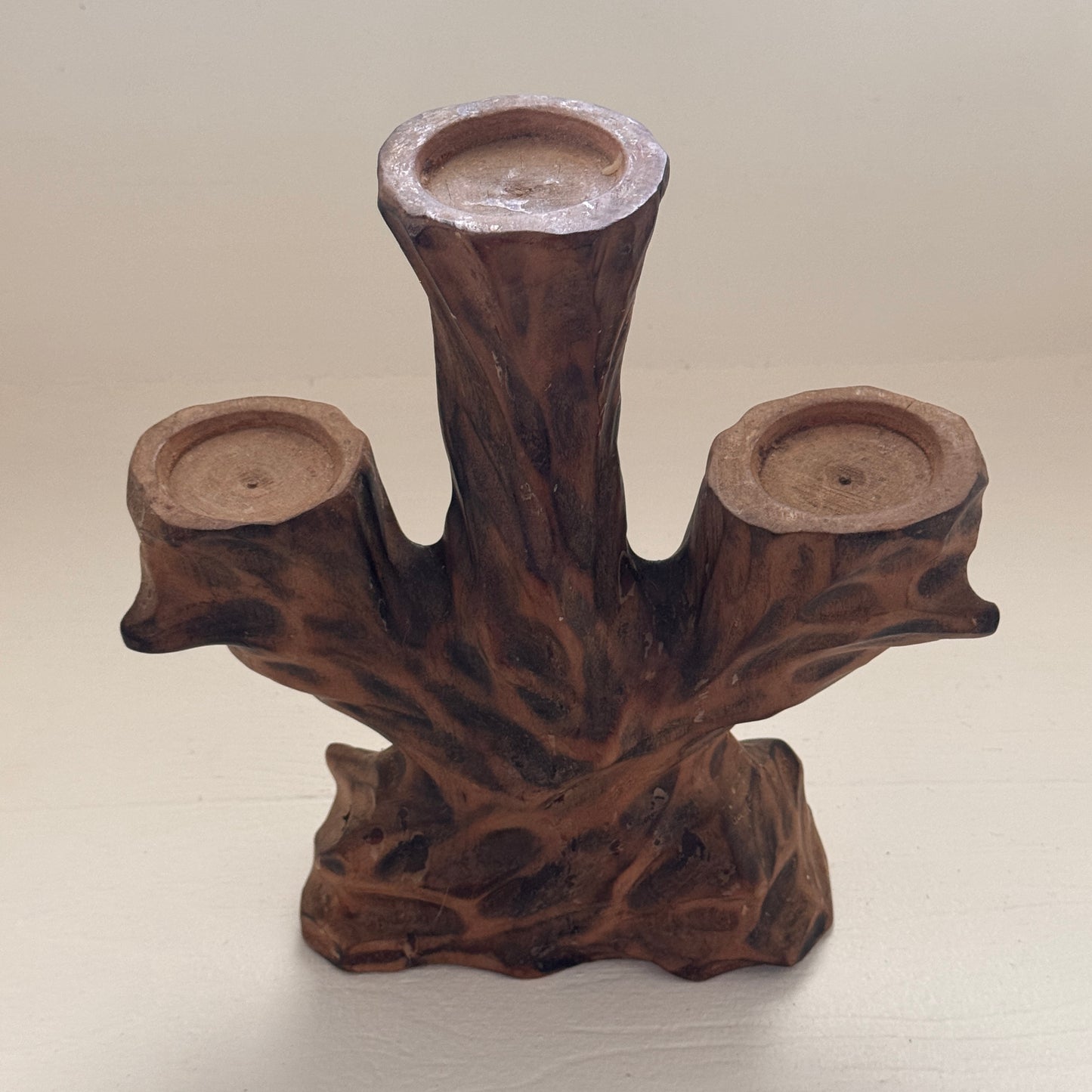 Vintage Hand Carved Wooden 3 Arm Candelabra Tree Stump Rustic Candle Holder