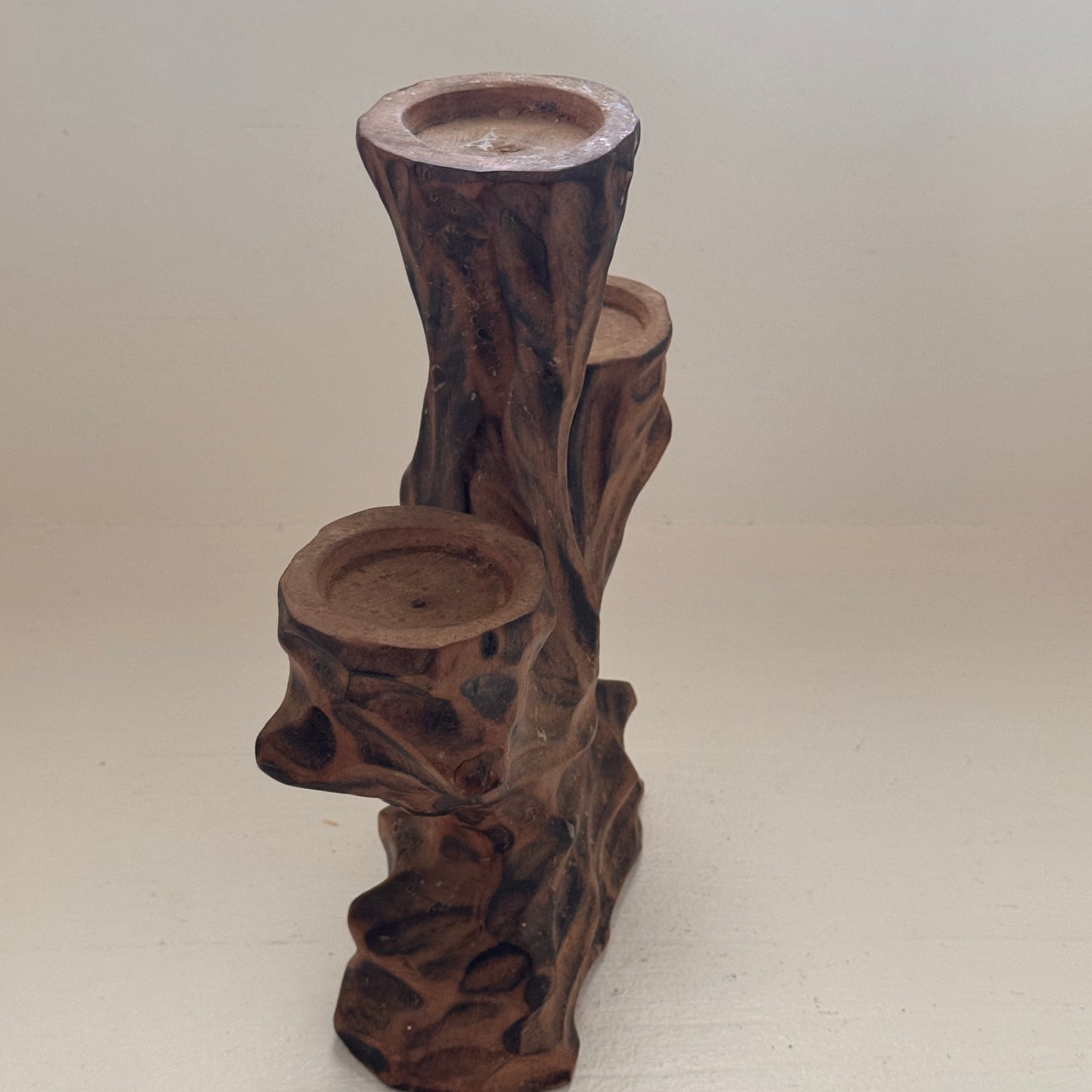 Vintage Hand Carved Wooden 3 Arm Candelabra Tree Stump Rustic Candle Holder