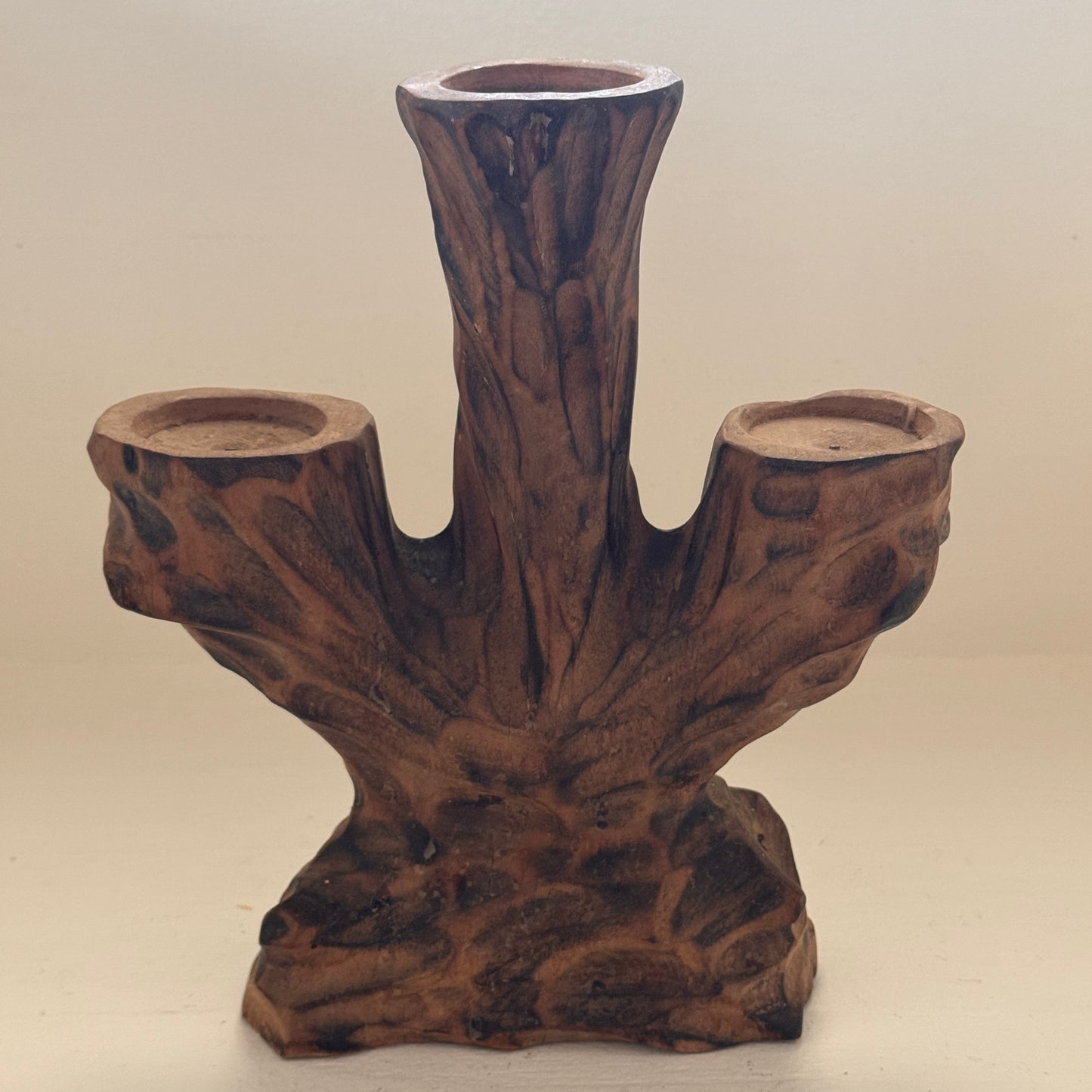 Vintage Hand Carved Wooden 3 Arm Candelabra Tree Stump Rustic Candle Holder