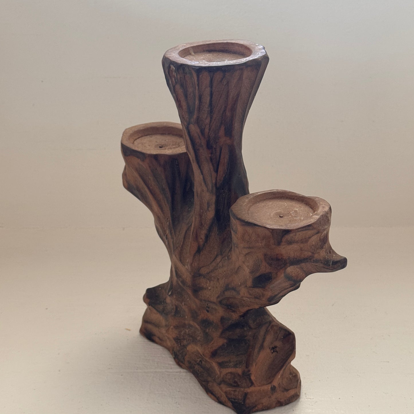 Vintage Hand Carved Wooden 3 Arm Candelabra Tree Stump Rustic Candle Holder