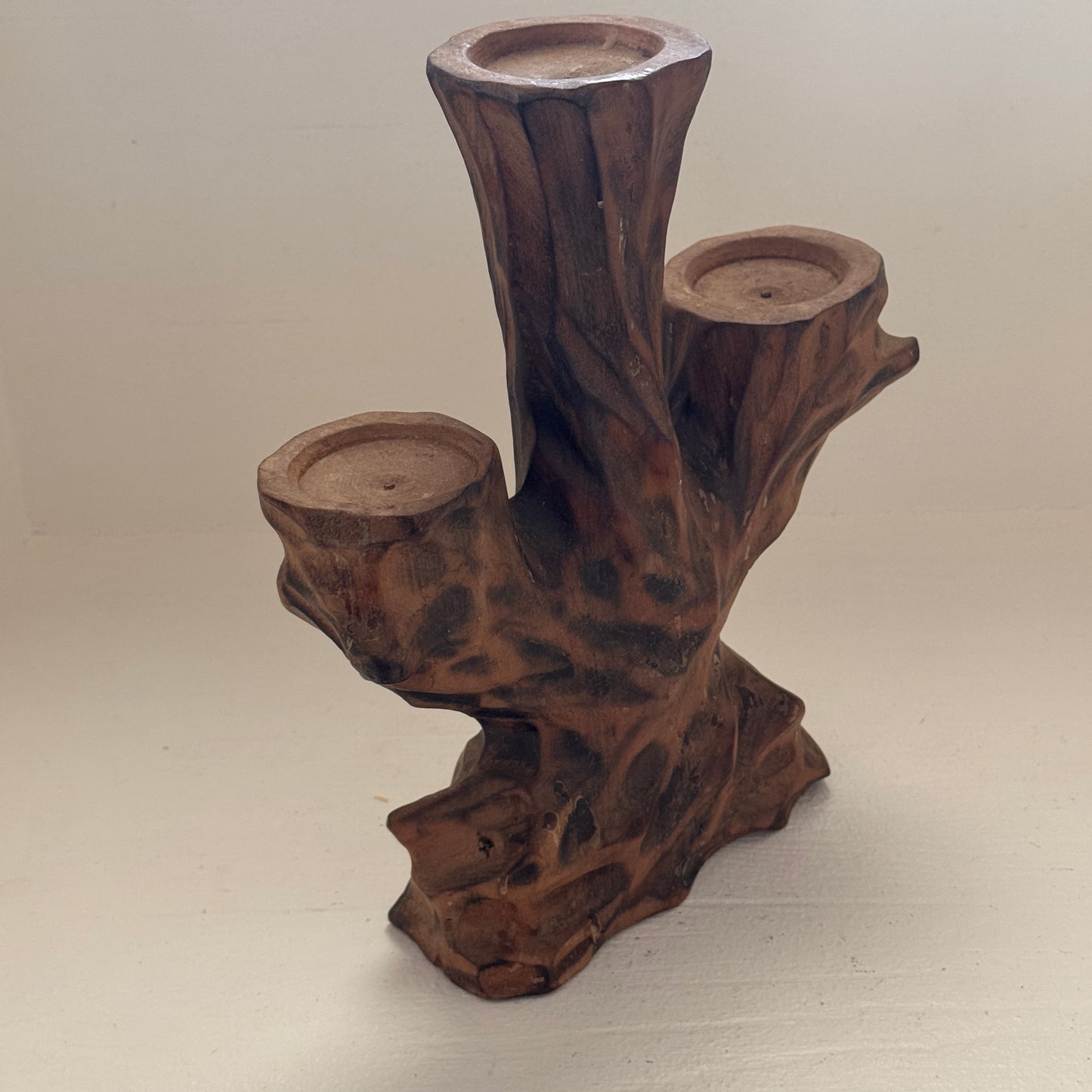 Vintage Hand Carved Wooden 3 Arm Candelabra Tree Stump Rustic Candle Holder