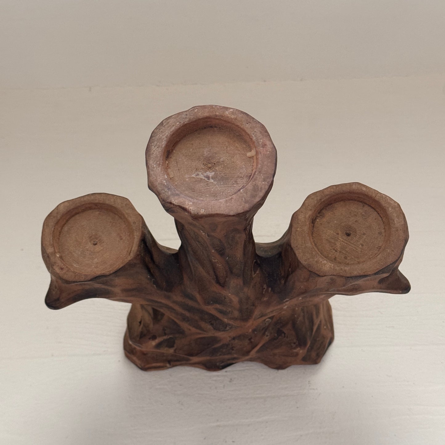 Vintage Hand Carved Wooden 3 Arm Candelabra Tree Stump Rustic Candle Holder