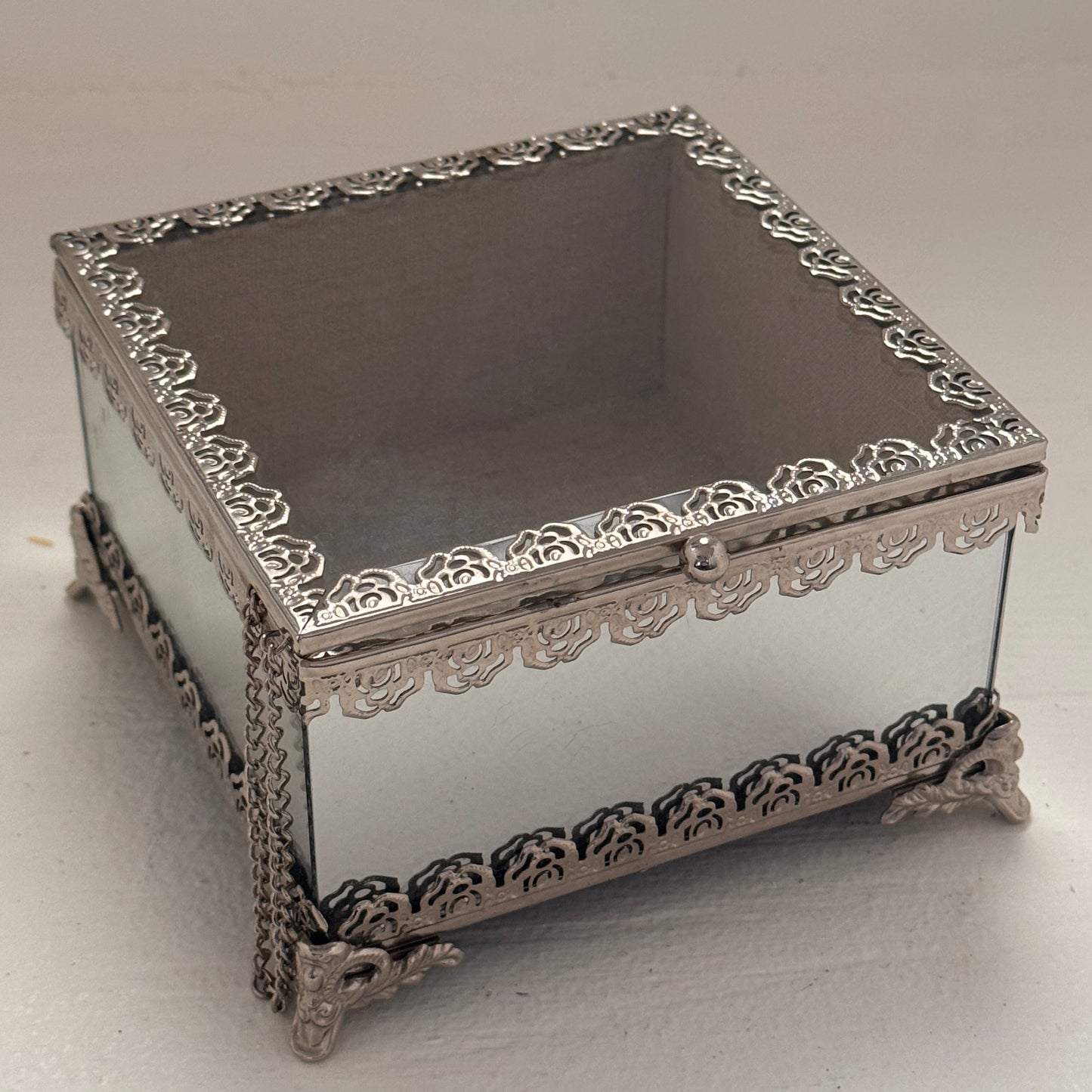 Nicole Miller Home Mirrored Glass Jewelry Box with Hinged Lid & Silver Filigree Trim