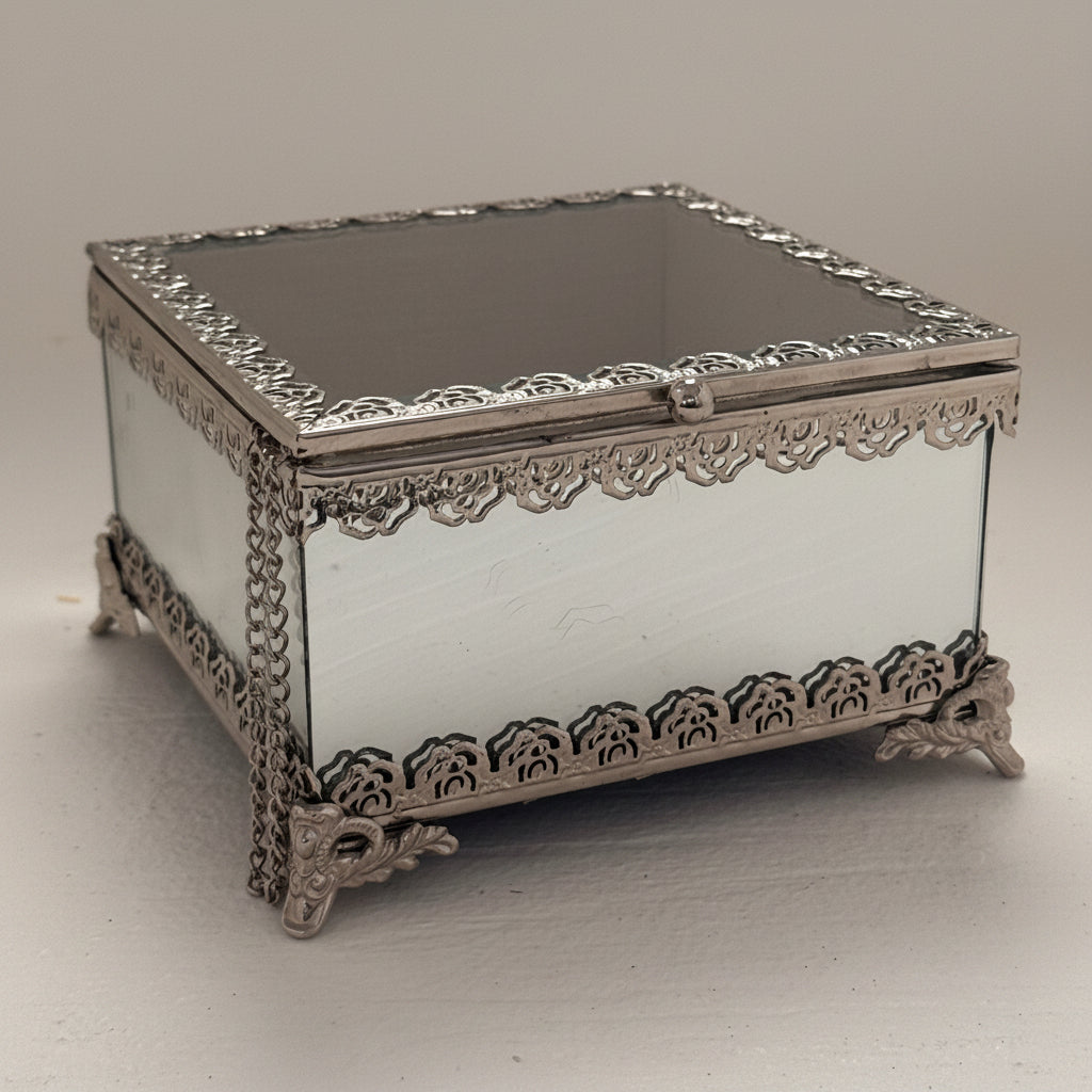 Nicole Miller Home Mirrored Glass Jewelry Box with Hinged Lid & Silver Filigree Trim