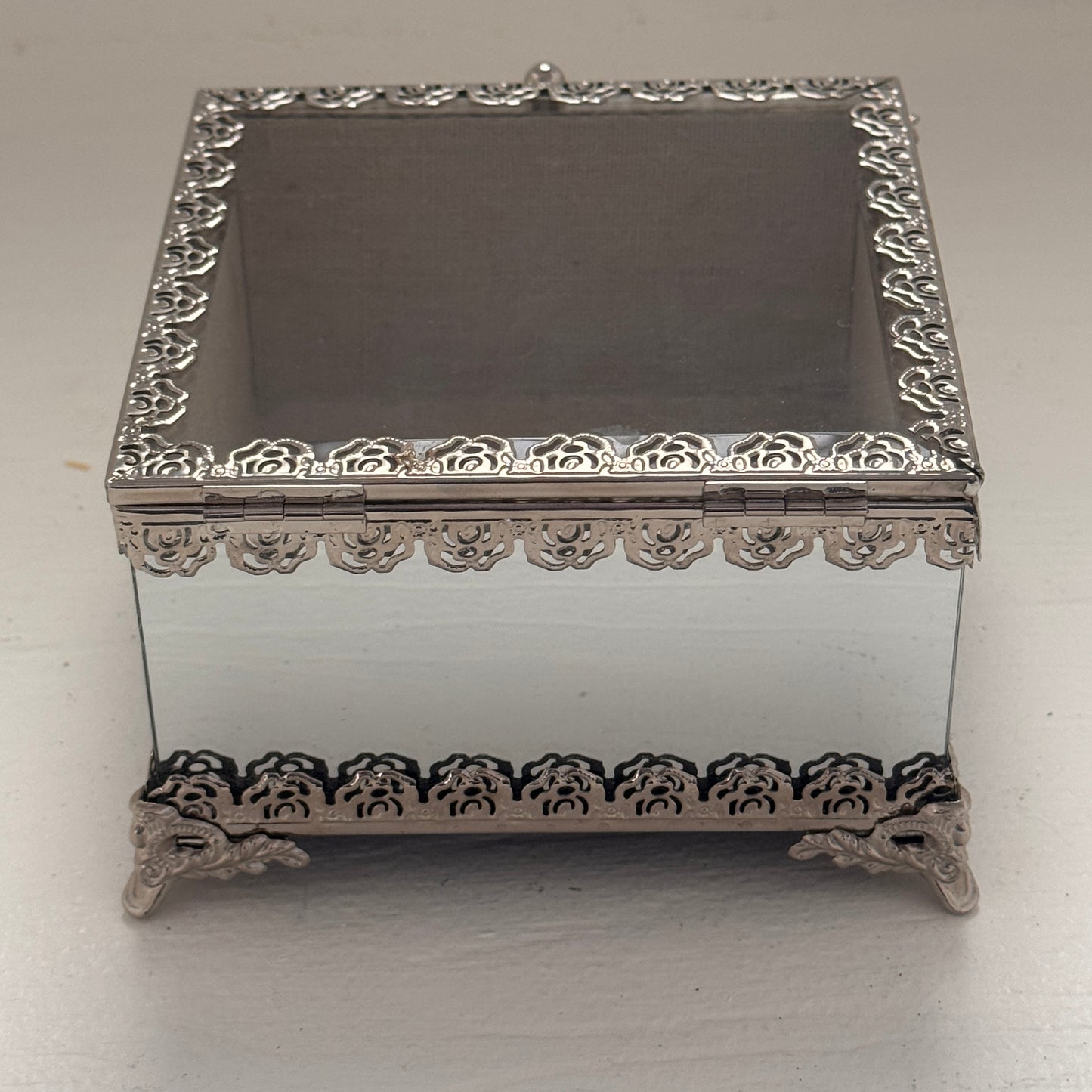 Nicole Miller Home Mirrored Glass Jewelry Box with Hinged Lid & Silver Filigree Trim
