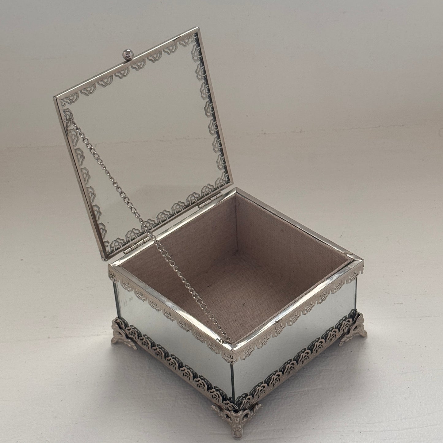 Nicole Miller Home Mirrored Glass Jewelry Box with Hinged Lid & Silver Filigree Trim