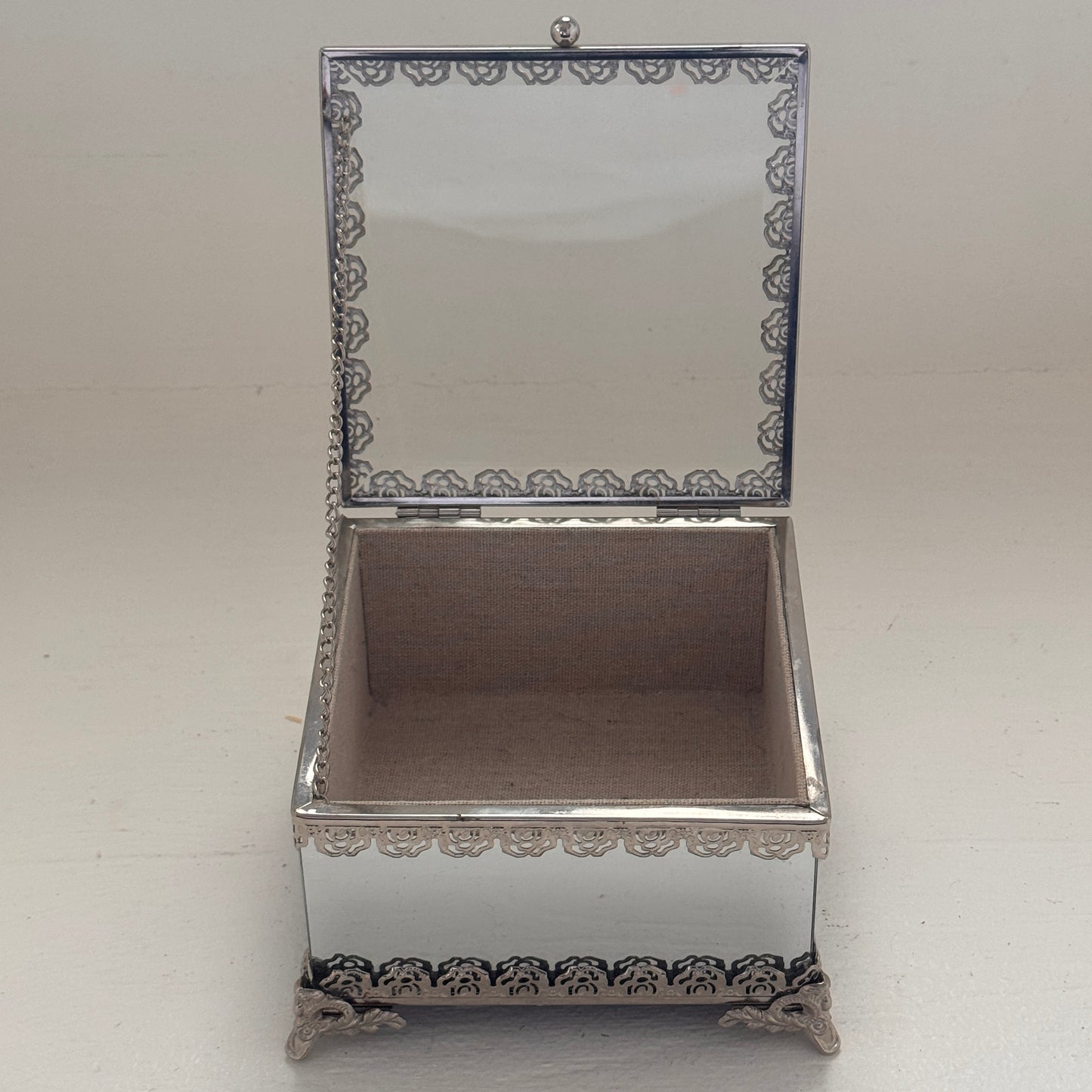 Nicole Miller Home Mirrored Glass Jewelry Box with Hinged Lid & Silver Filigree Trim