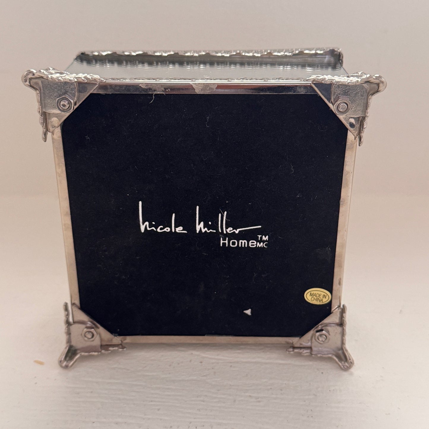 Nicole Miller Home Mirrored Glass Jewelry Box with Hinged Lid & Silver Filigree Trim
