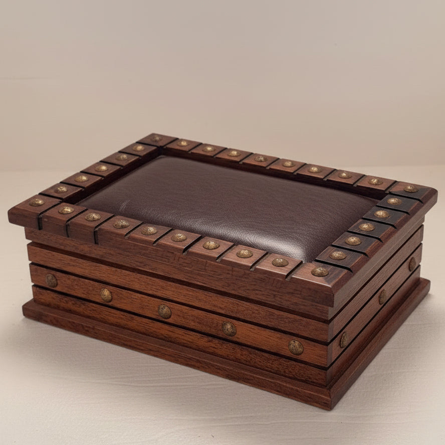 Wood Jewelry Box with Leather Inset Lid & Brass Studded Trim | Rustic Keepsake  Box | Handcrafted Look | Nice Quality