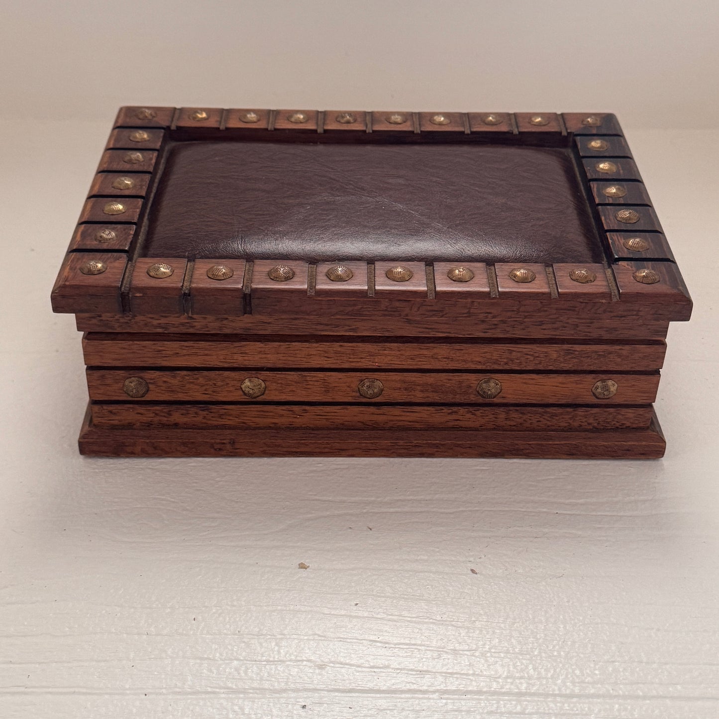 Wood Jewelry Box with Leather Inset Lid & Brass Studded Trim | Rustic Keepsake  Box | Handcrafted Look | Nice Quality