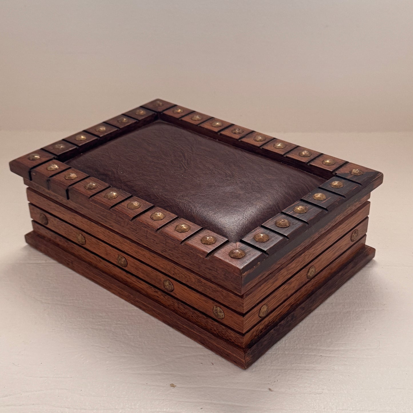 Wood Jewelry Box with Leather Inset Lid & Brass Studded Trim | Rustic Keepsake  Box | Handcrafted Look | Nice Quality