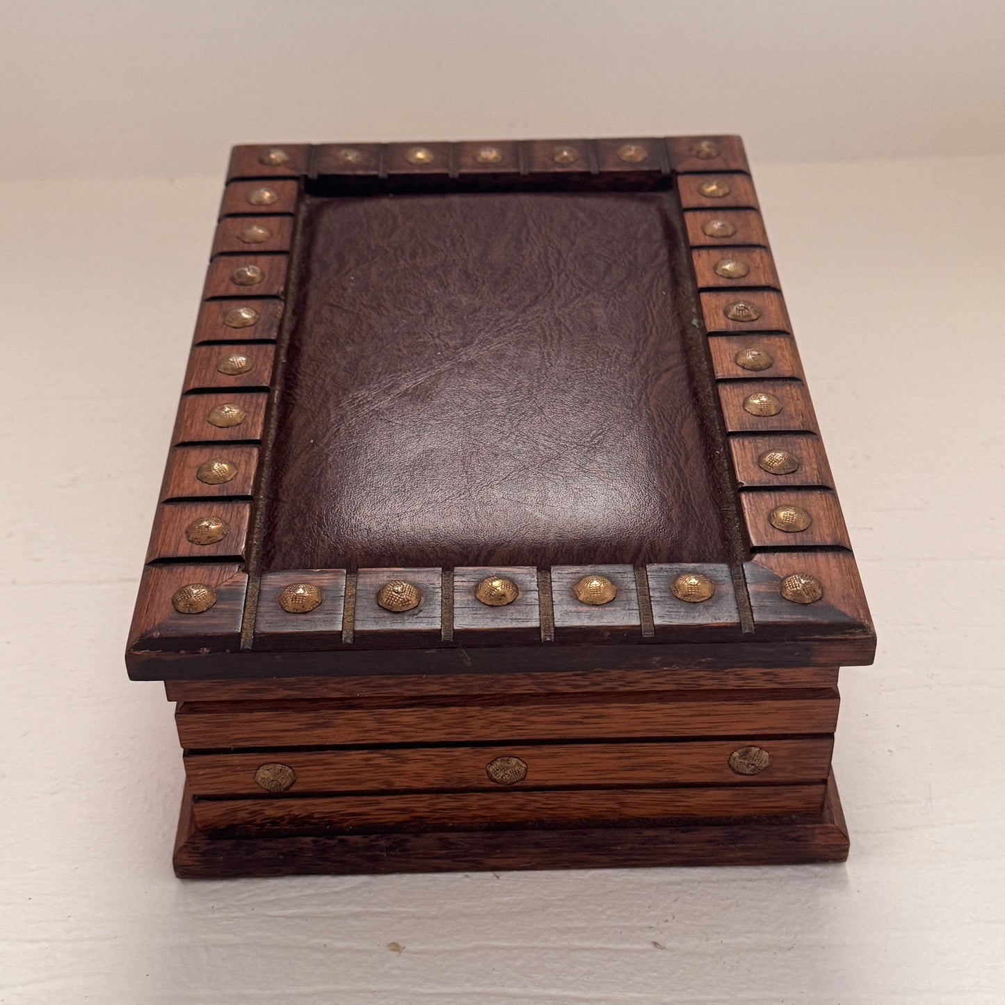 Wood Jewelry Box with Leather Inset Lid & Brass Studded Trim | Rustic Keepsake  Box | Handcrafted Look | Nice Quality