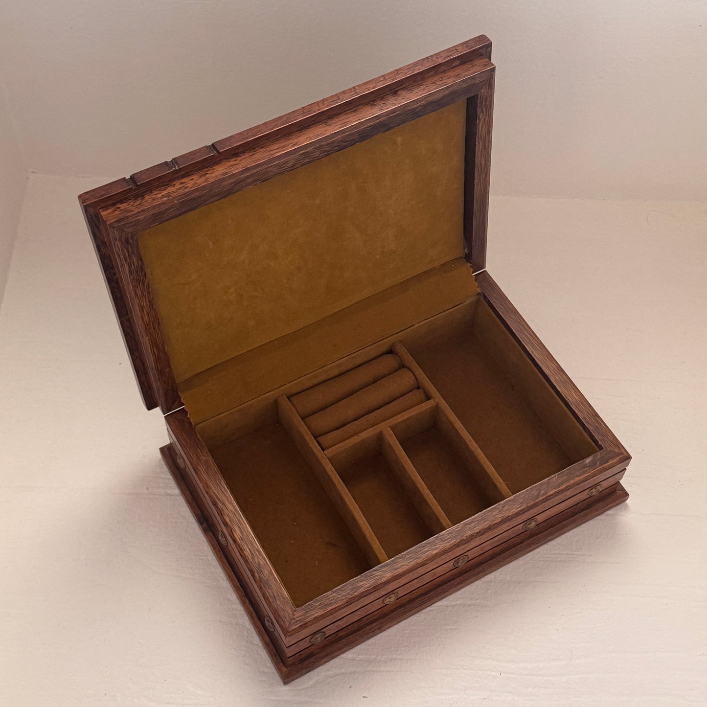 Wood Jewelry Box with Leather Inset Lid & Brass Studded Trim | Rustic Keepsake  Box | Handcrafted Look | Nice Quality