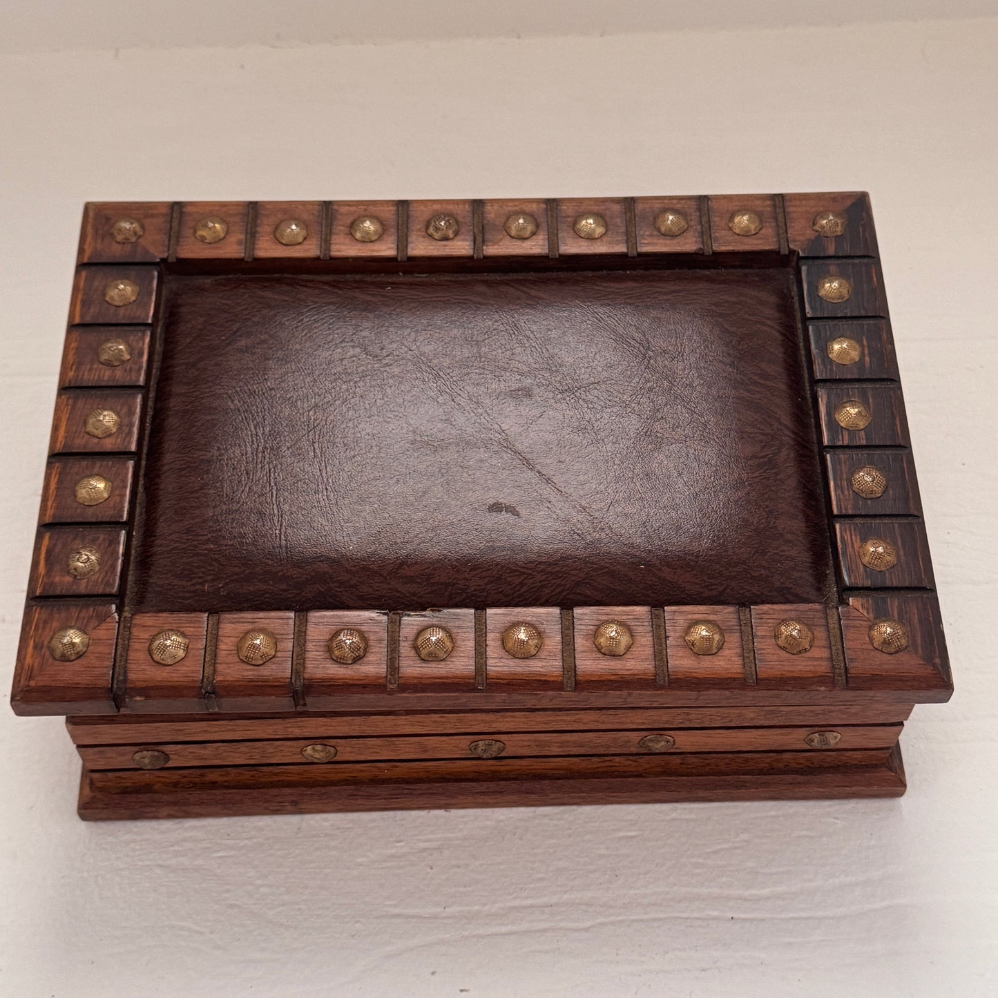 Wood Jewelry Box with Leather Inset Lid & Brass Studded Trim | Rustic Keepsake  Box | Handcrafted Look | Nice Quality